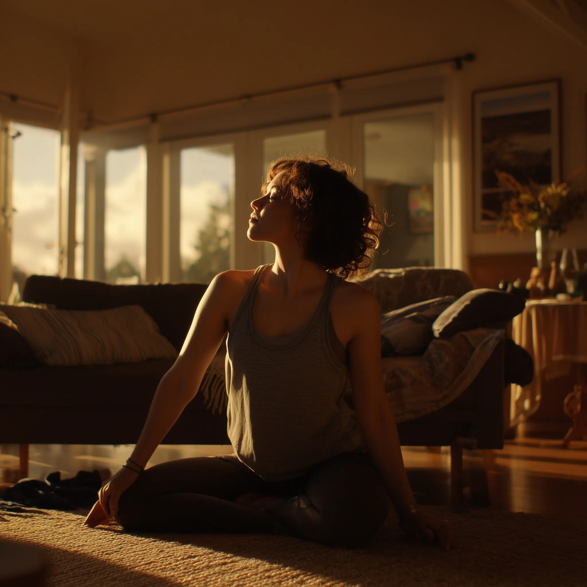 A woman practicing mindful morning stretching in a sunlit, modern living room with warm golden hour lighting.