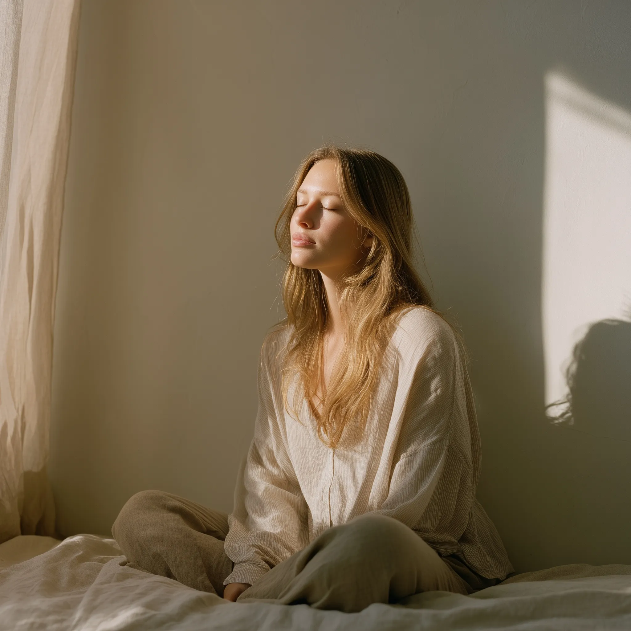 A woman in neutral loungewear sits quietly in a sunlit, minimal room, embodying calm mindfulness and stillness.