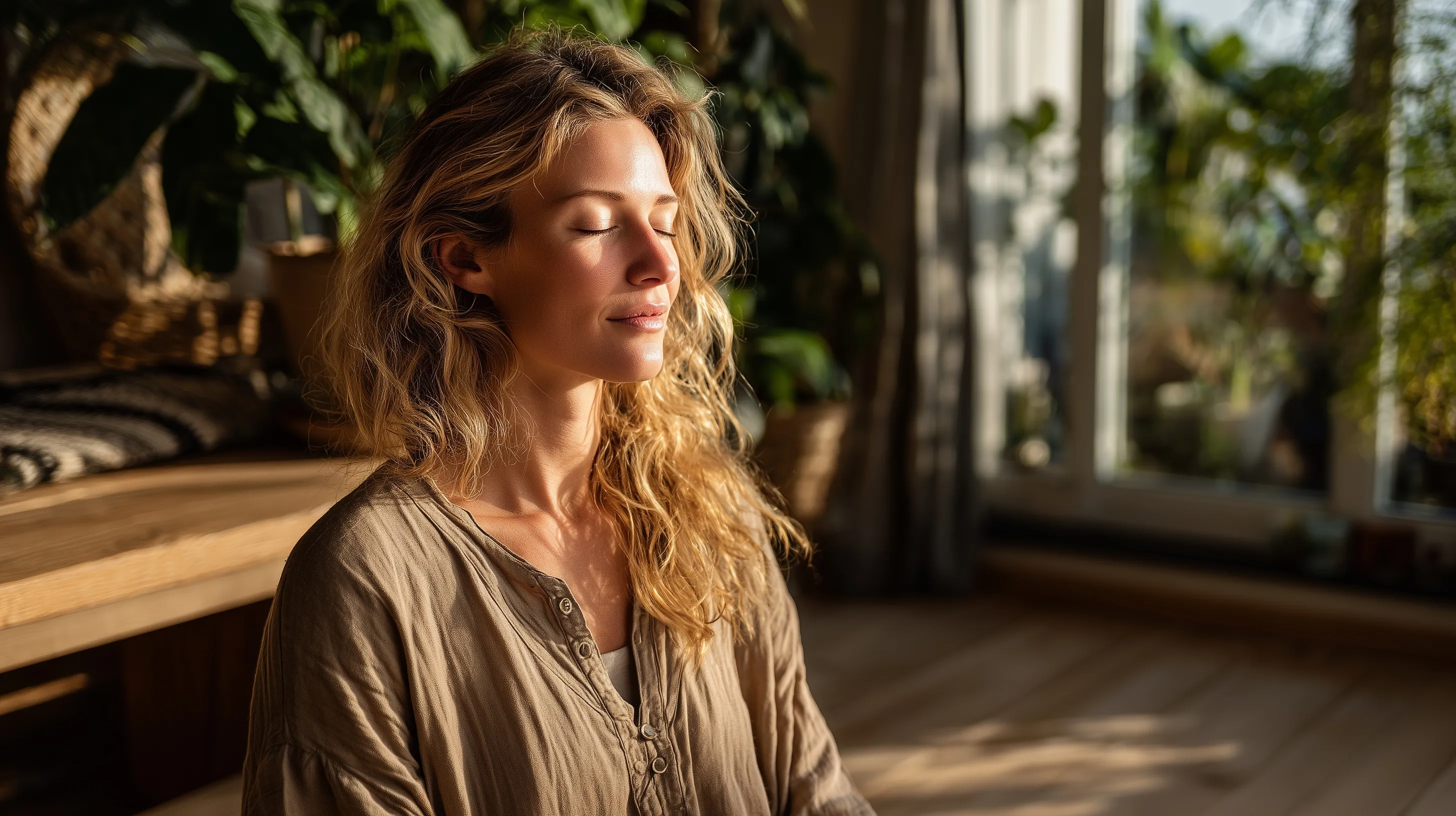 A 40-year-old woman meditating in morning light on a cushion in a cozy, sunlit Czech home interior.