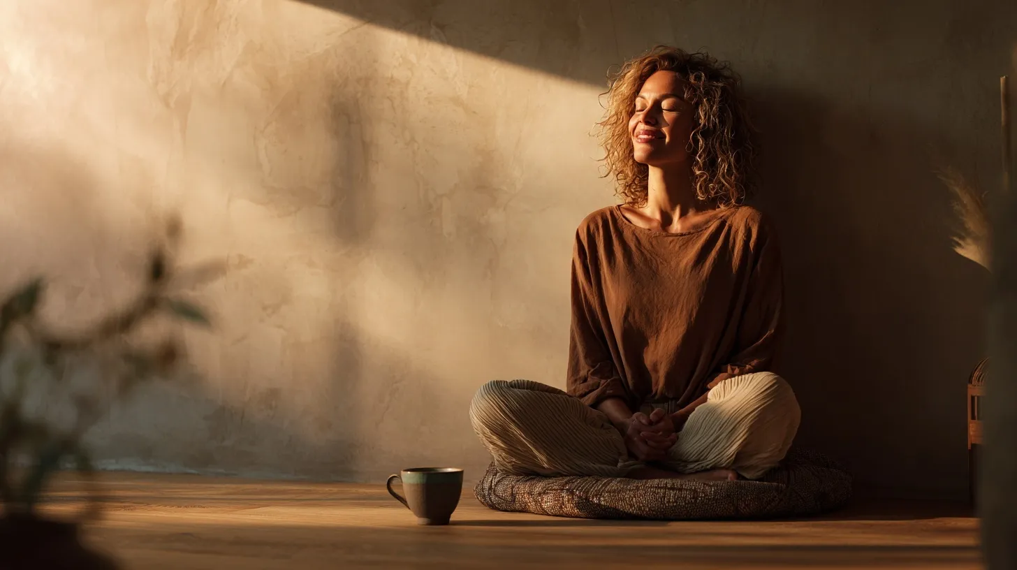 A woman in her 30s meditating on a cushion by a sunlit window with a tea cup in a minimal room.