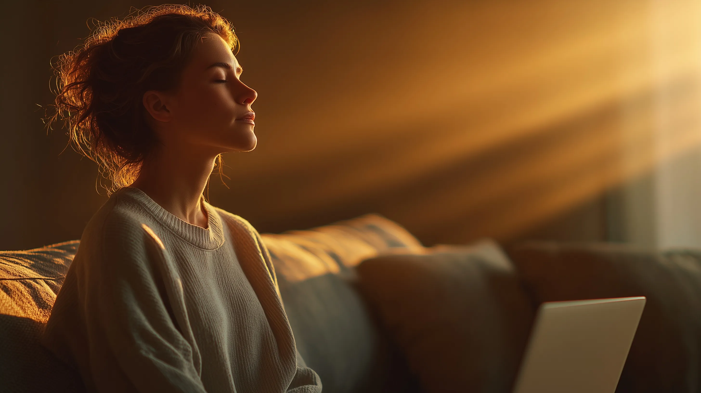 Serene 30-year-old woman meditating on a sofa in a sunlit cozy living room with copy space for text.