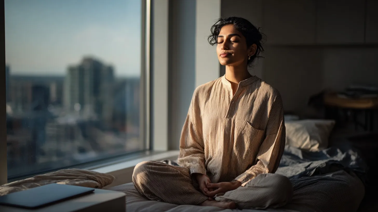 South Asian woman meditating in a minimal modern apartment during a peaceful, sunlit morning routine.