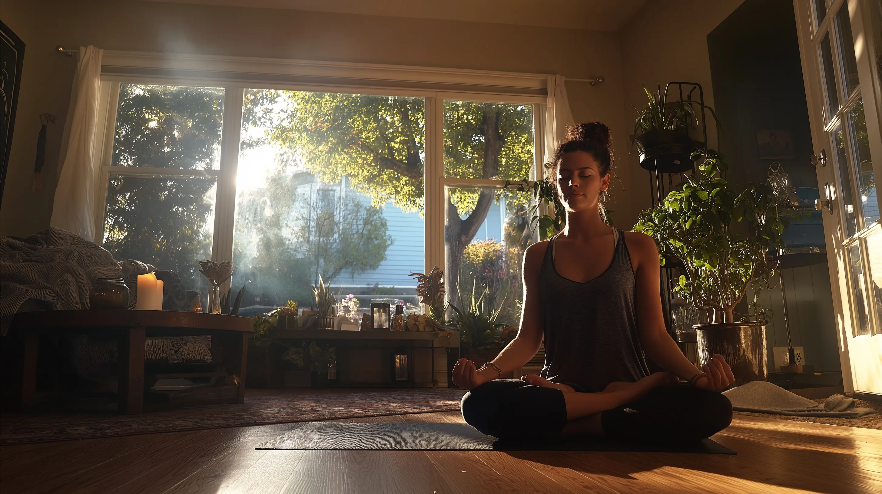 A mindful woman meditating in a cozy, sunlit living room with crystals, plants, and soft morning light.