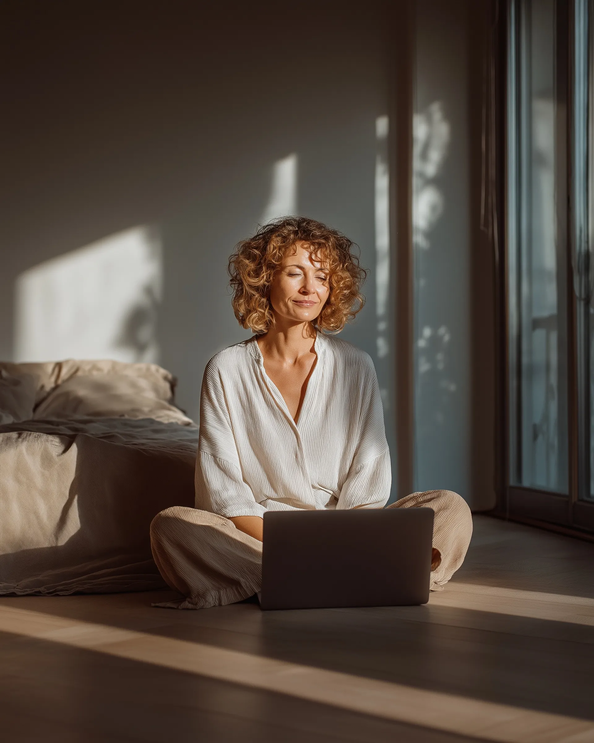 A 45-year-old woman with curly hair studying on a laptop in a bright, Japandi-style living room during the morning.