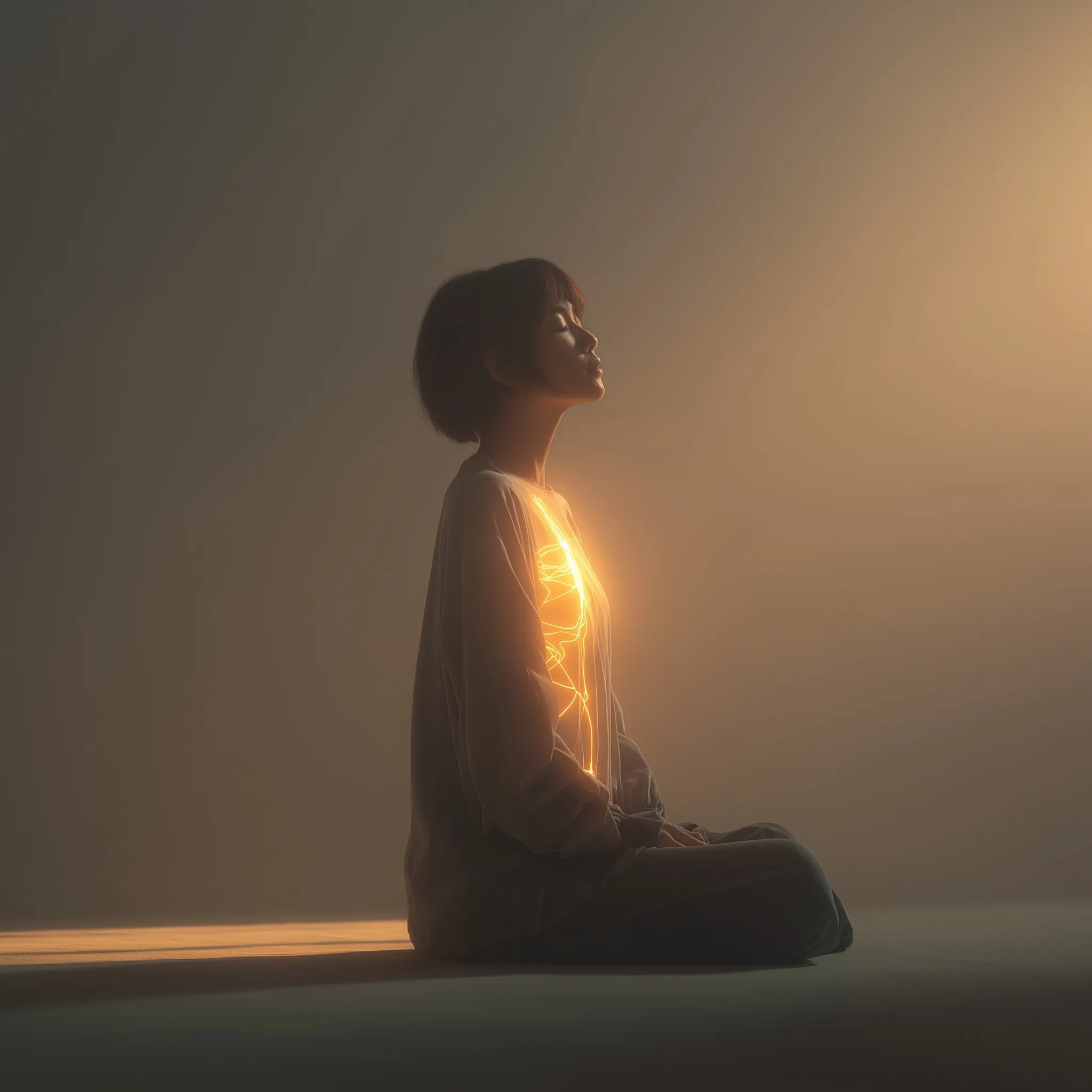 A peaceful woman practicing mindfulness in soft morning light, symbolizing inner balance and healing energy.