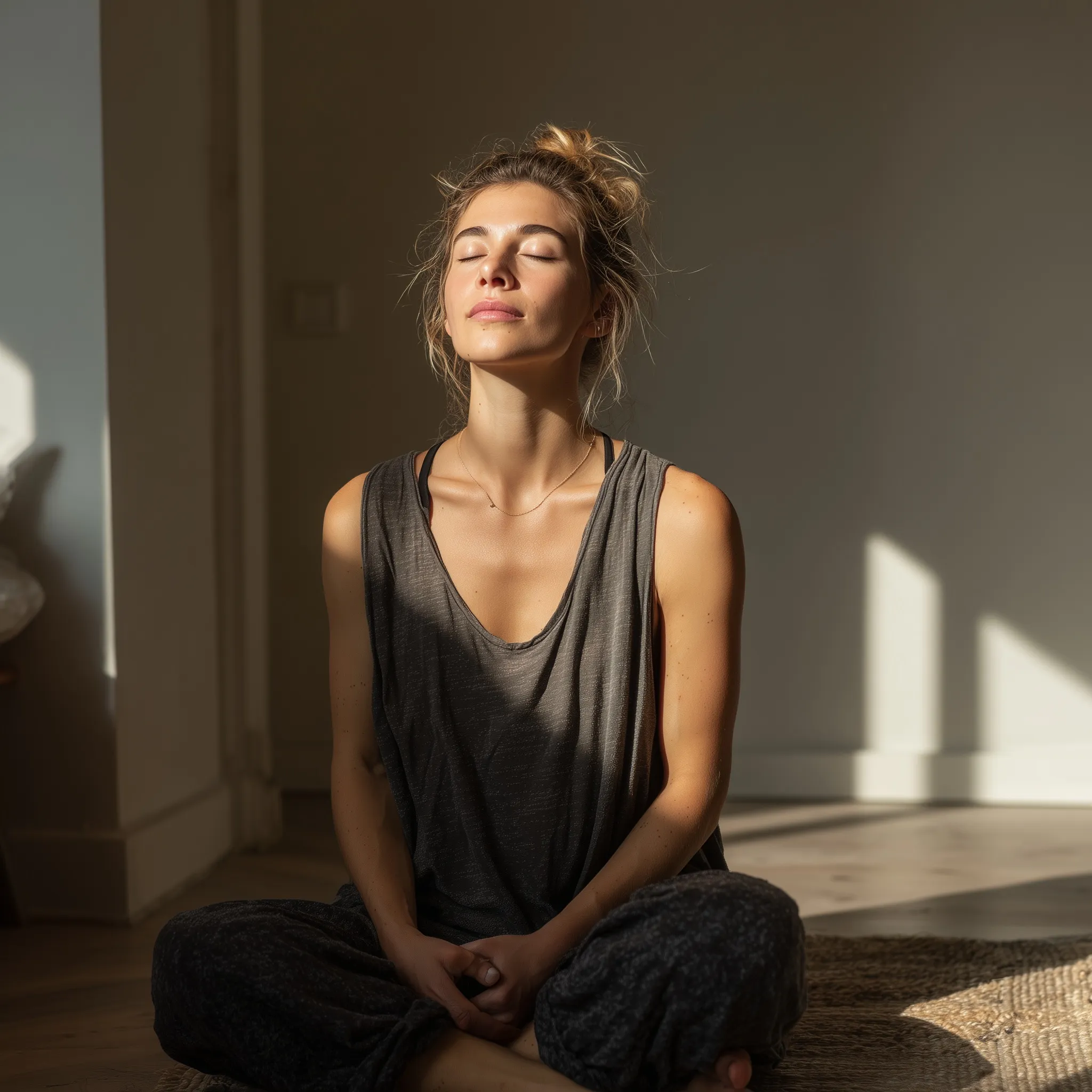 A young woman meditating in a calm, sunlit living room with a minimalistic and hyper-realistic aesthetic.