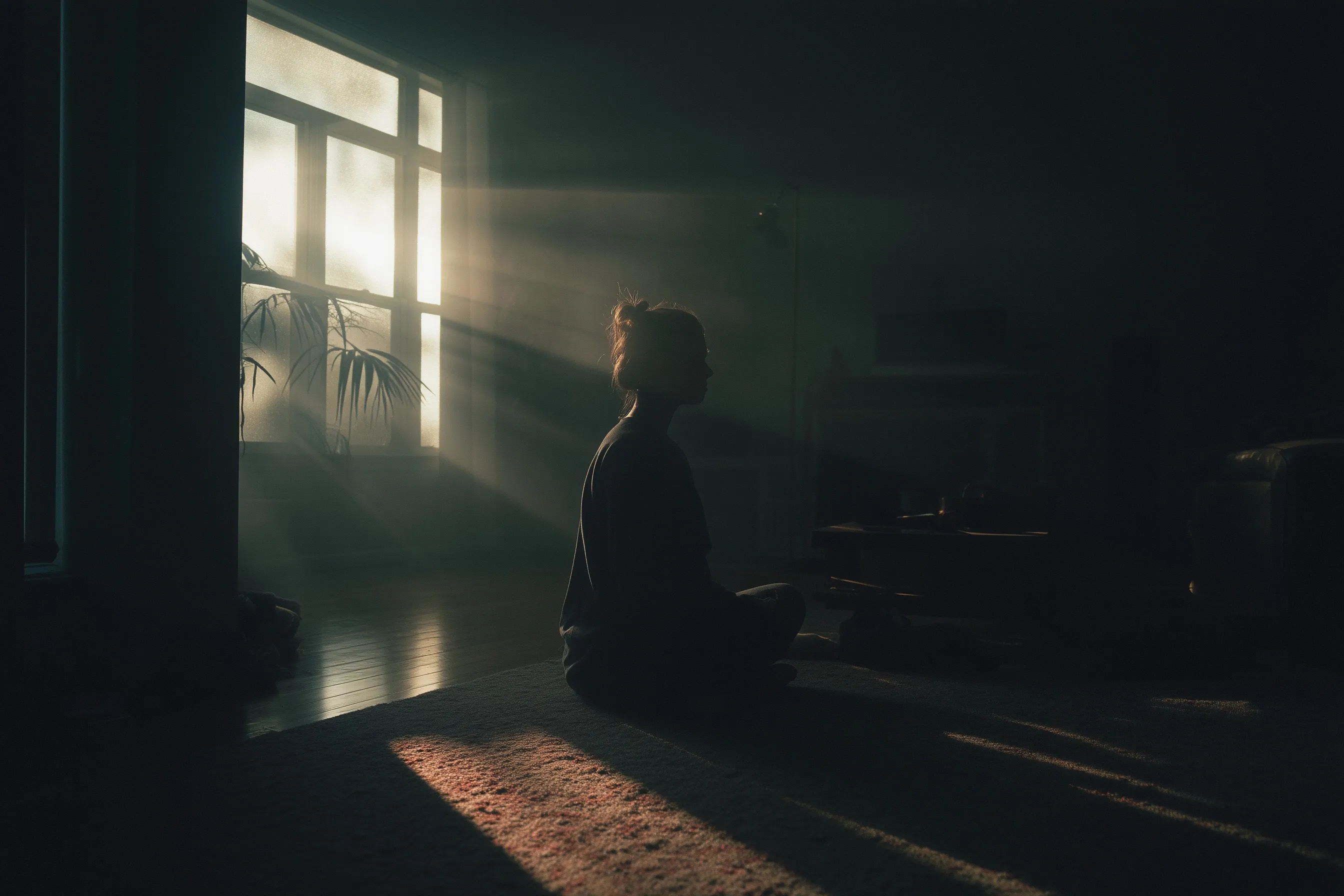 A serene woman practicing morning mindfulness and meditation in a sunlit, quiet room with cinematic lighting.