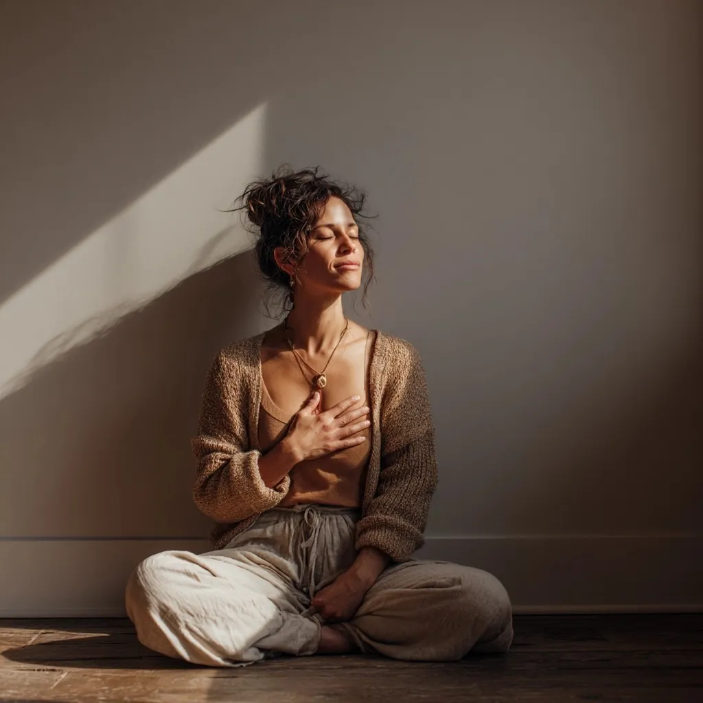 A peaceful woman practicing mindful breathwork with hands on her heart and belly in a sunlit room.