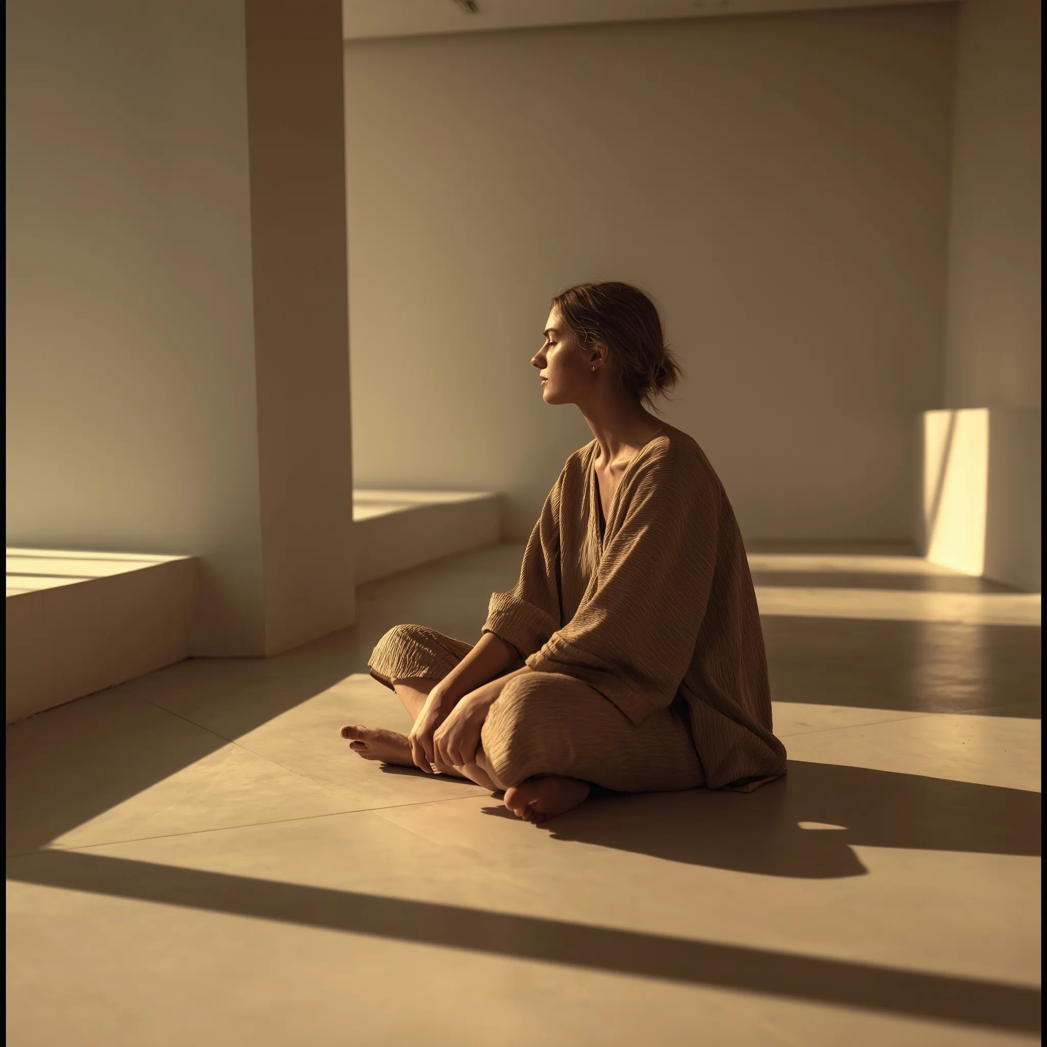 A peaceful woman meditating in a minimal, sunlit room with soft shadows and a warm, textured floor.