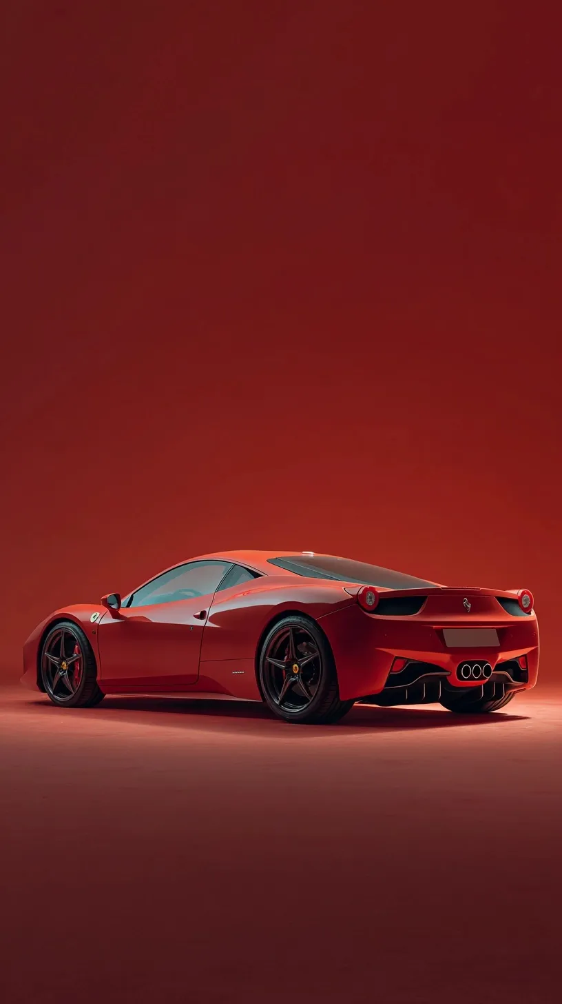A sleek red Ferrari 458 in a vibrant red gradient studio setting with dynamic lighting and unique composition.