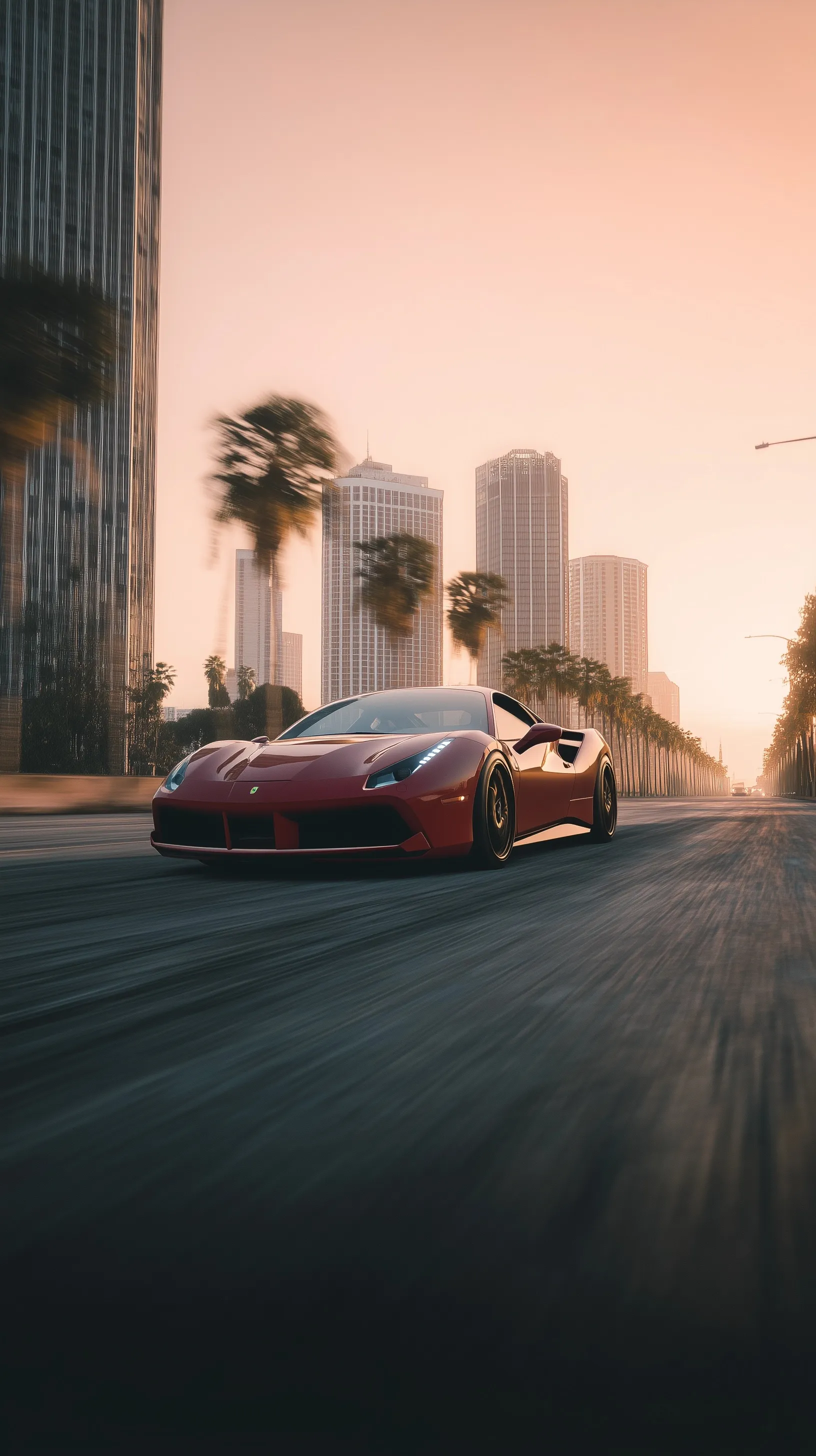 A photorealistic Ferrari supercar on a Vice City test track with motion blur and heat distortion in a cinematic style.