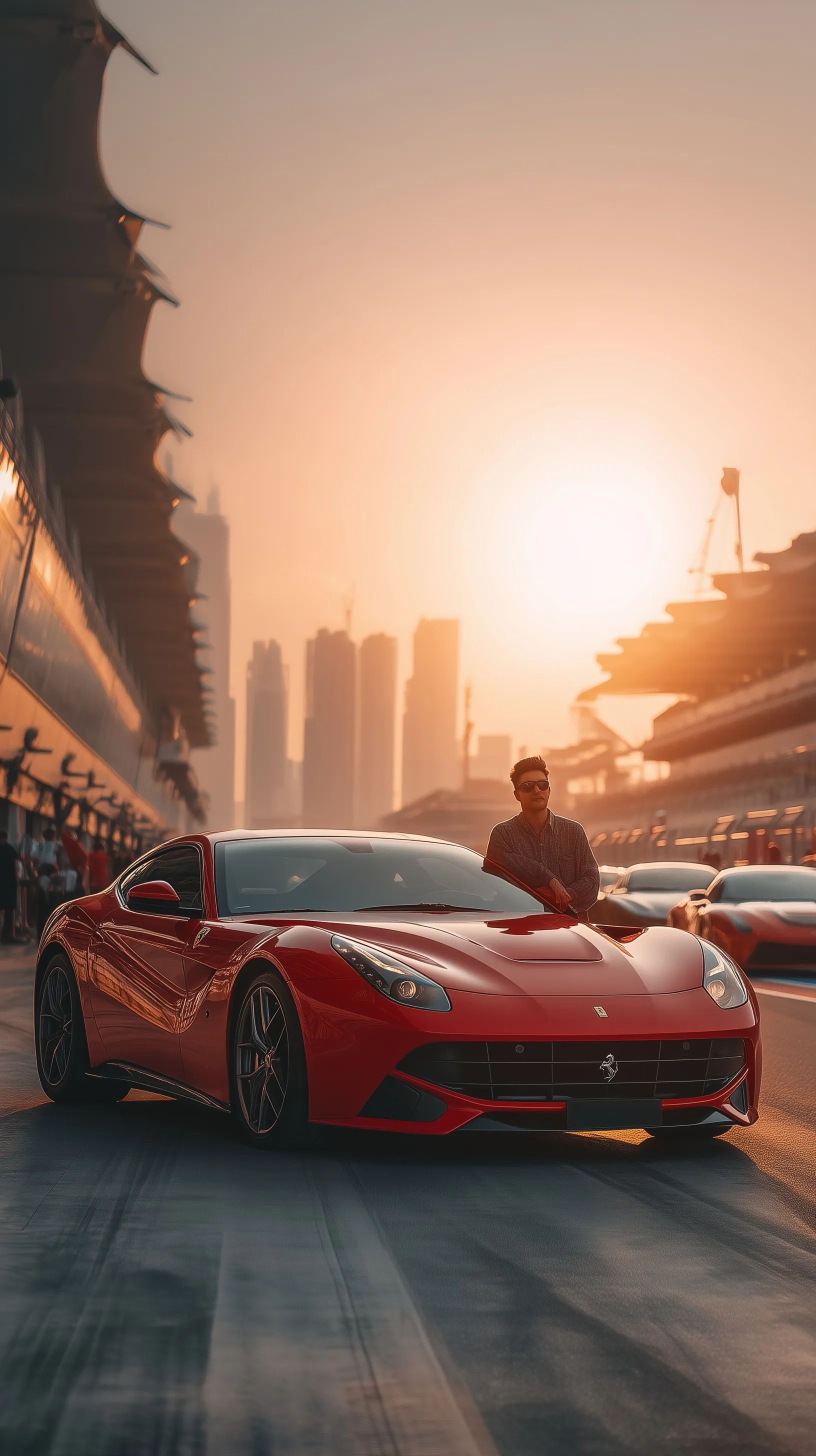 A young man sitting on a red Ferrari at a Dubai race track with sports cars in the background.