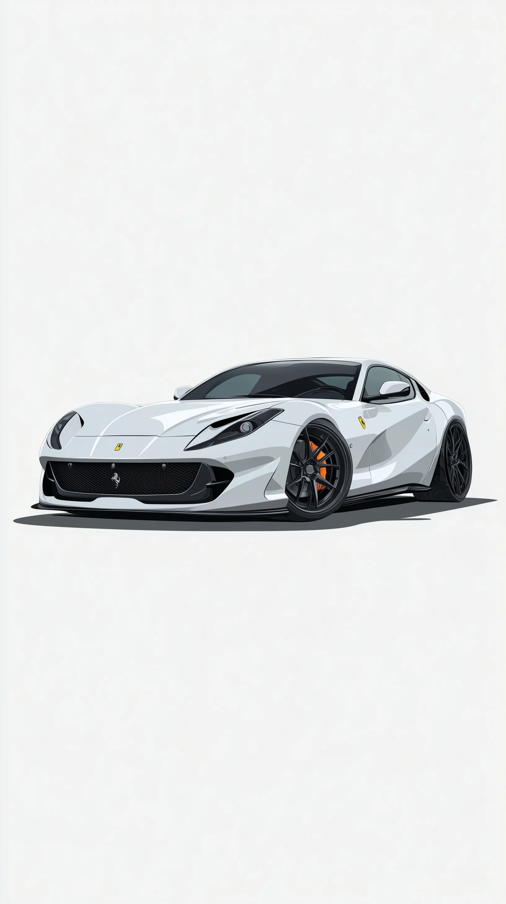 Vector art of a white tuned Ferrari 812 with stanced stance and black rims, three-quarter front view on white.