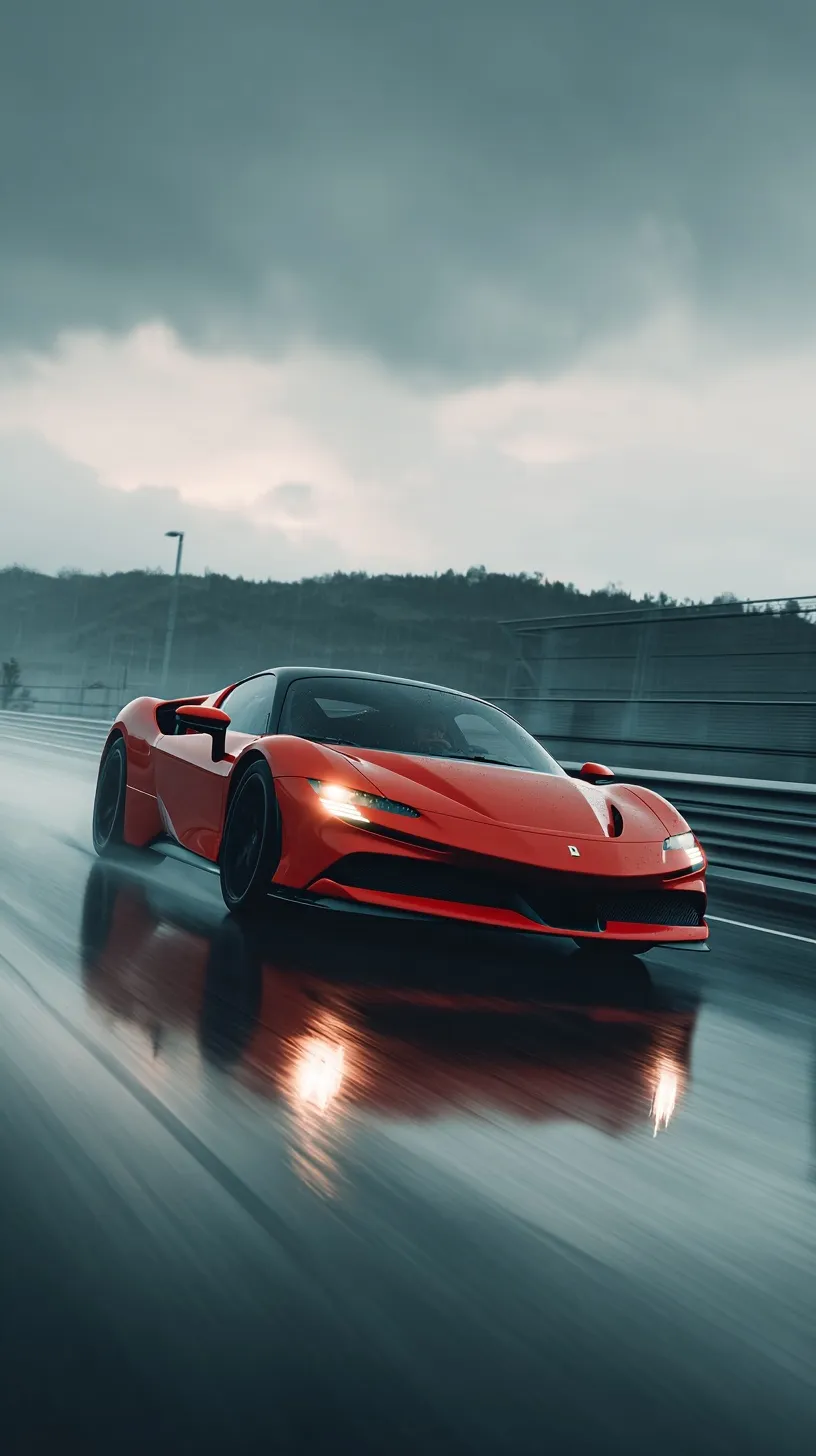 Ferrari SF90 Stradale racing on a modern track with cinematic motion blur and intense reflections.