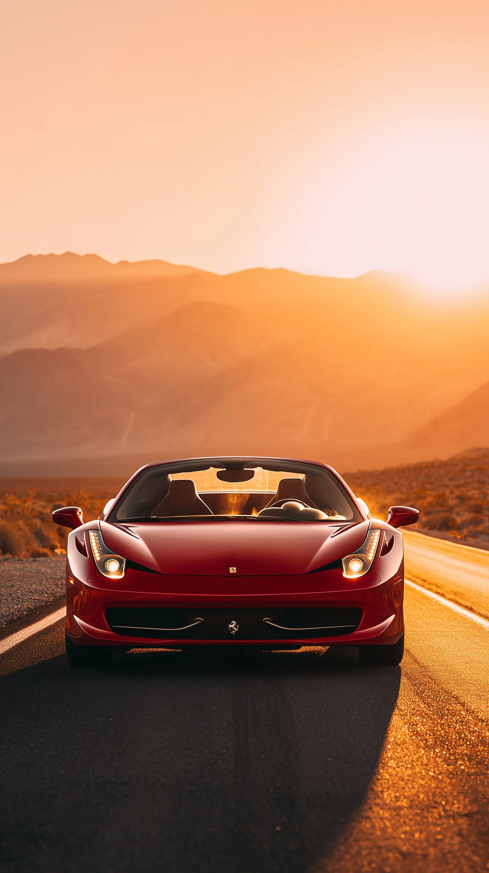 A red Ferrari convertible driving on a desert road in Nevada at sunset with golden hour lighting.