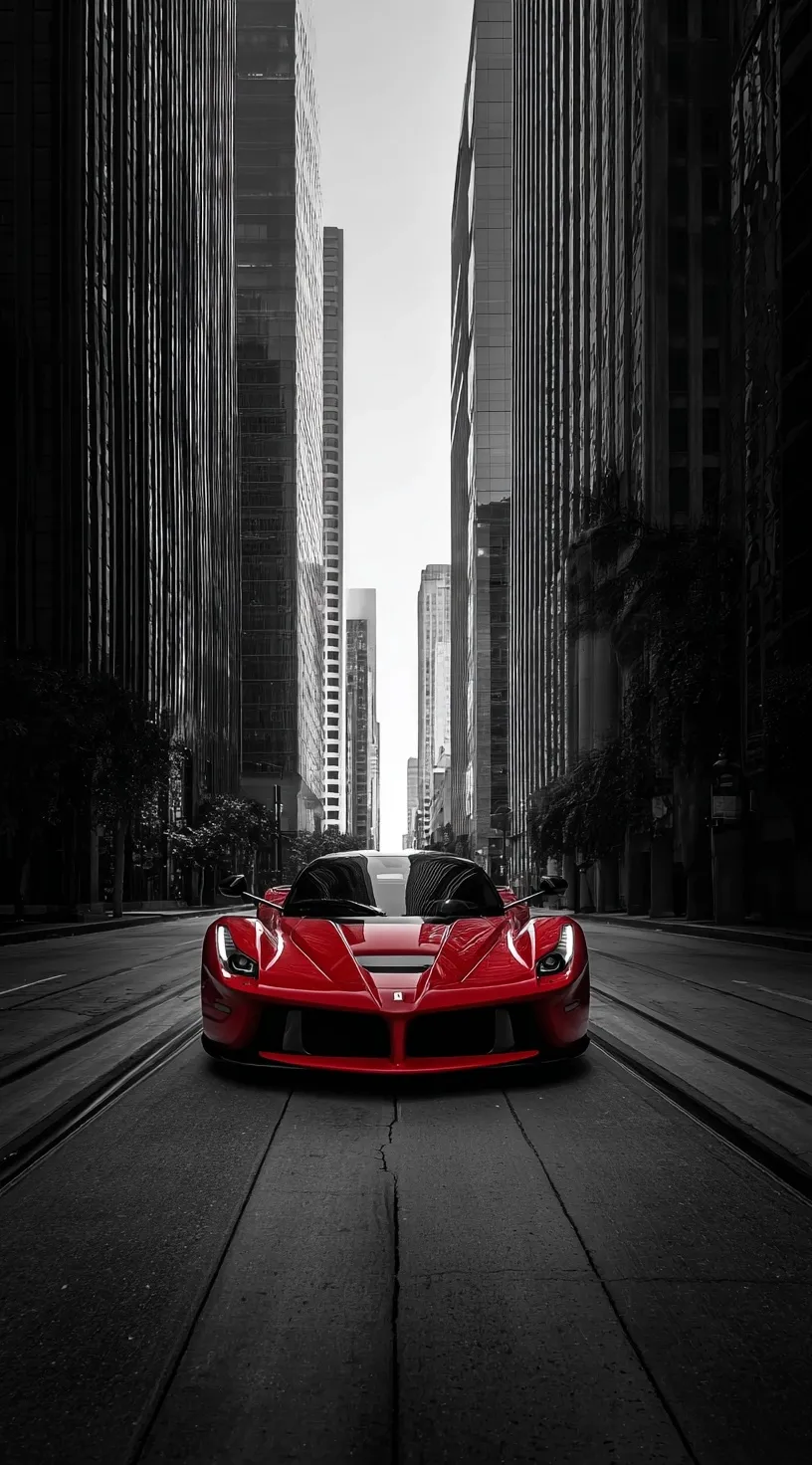 A sleek red Ferrari LaFerrari driving down a symmetrical urban street, captured in cinematic black and white.
