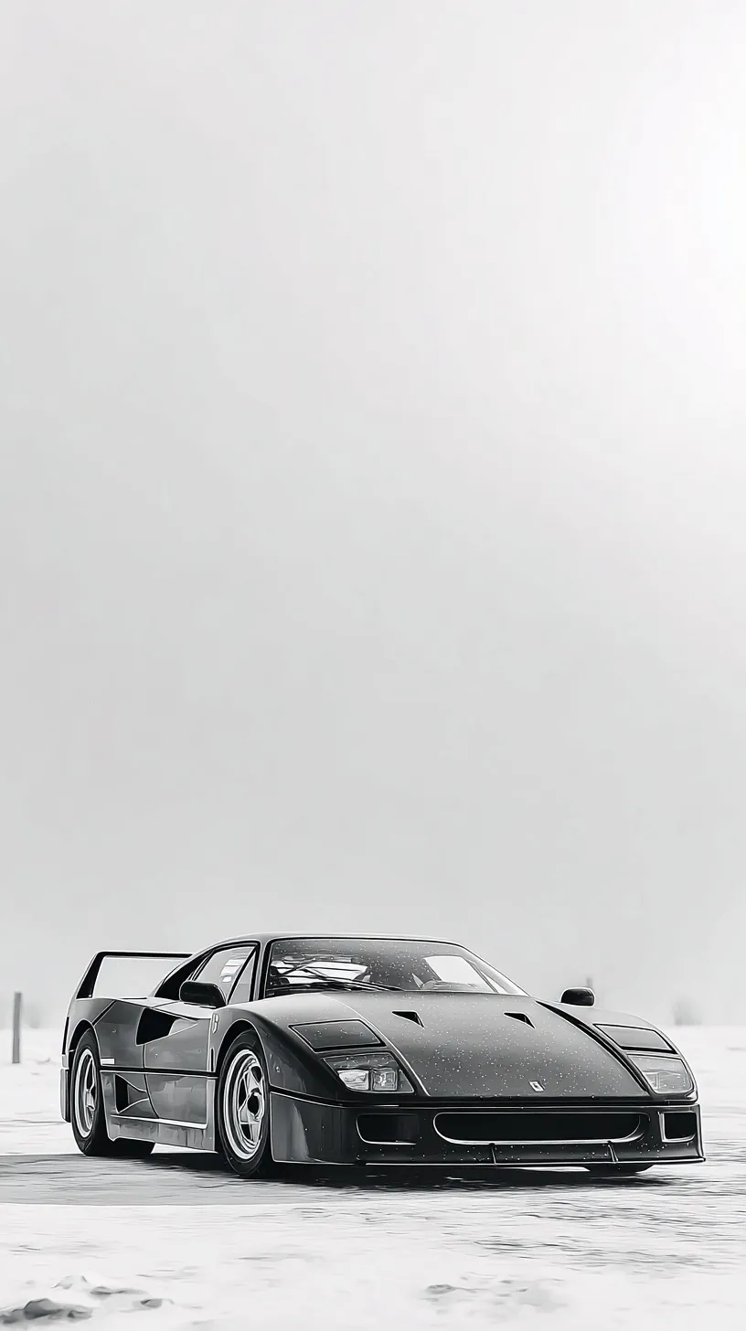 A sleek black Ferrari F40 parked in a minimalist snow-covered field, high-resolution aesthetic wallpaper.