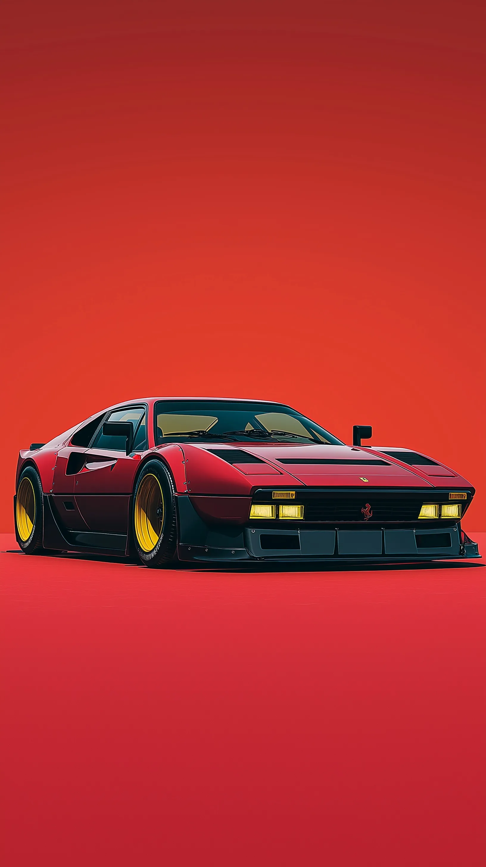 Retro-modern red Ferrari sports car with black and yellow racing accents, ideal for iPhone wallpaper.