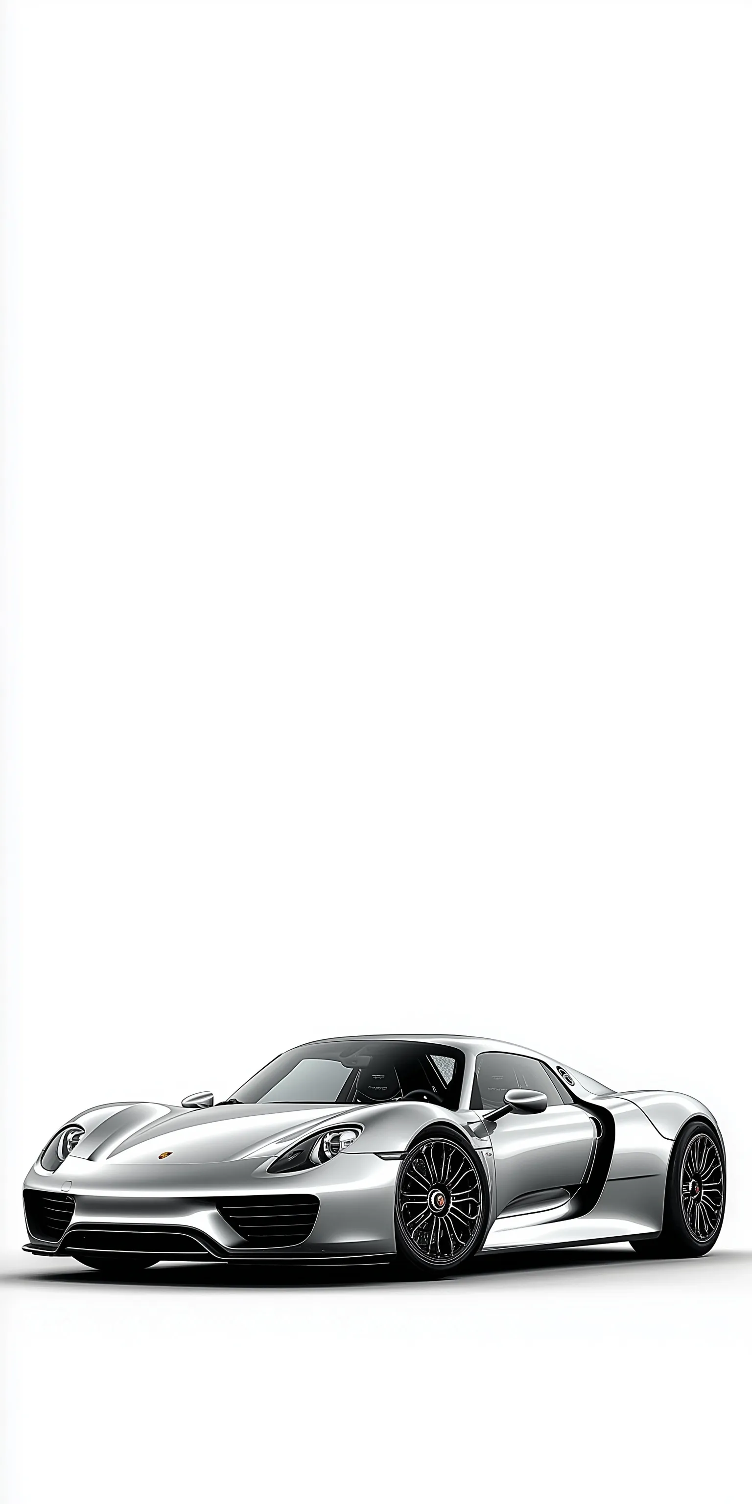 Silver Porsche 918 Spyder sports car isolated on a clean white background, diagonal front 3/4 angle view.