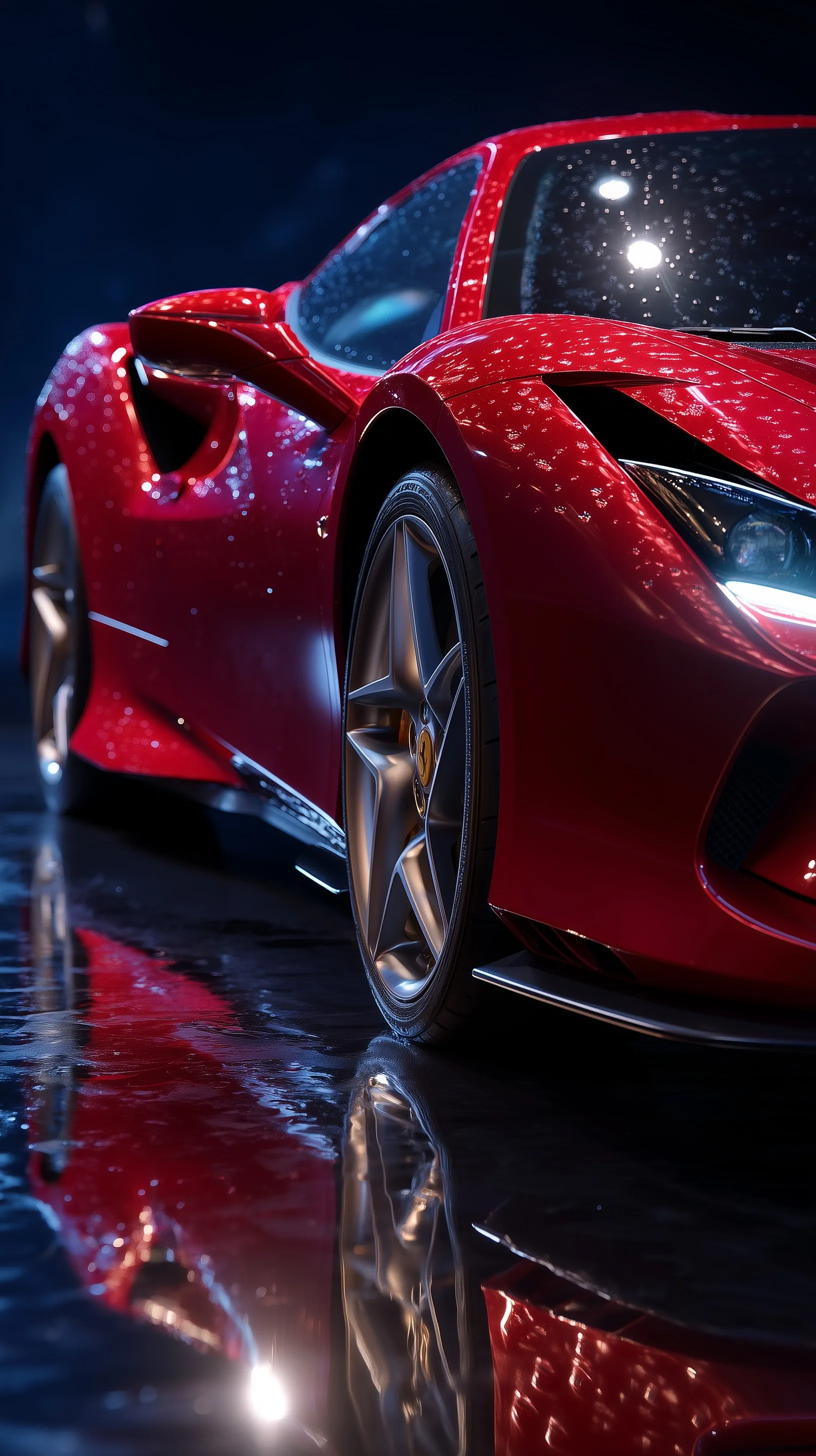 A sleek red Ferrari with water droplets in a cinematic studio setting, perfect for high-resolution iPhone wallpaper.