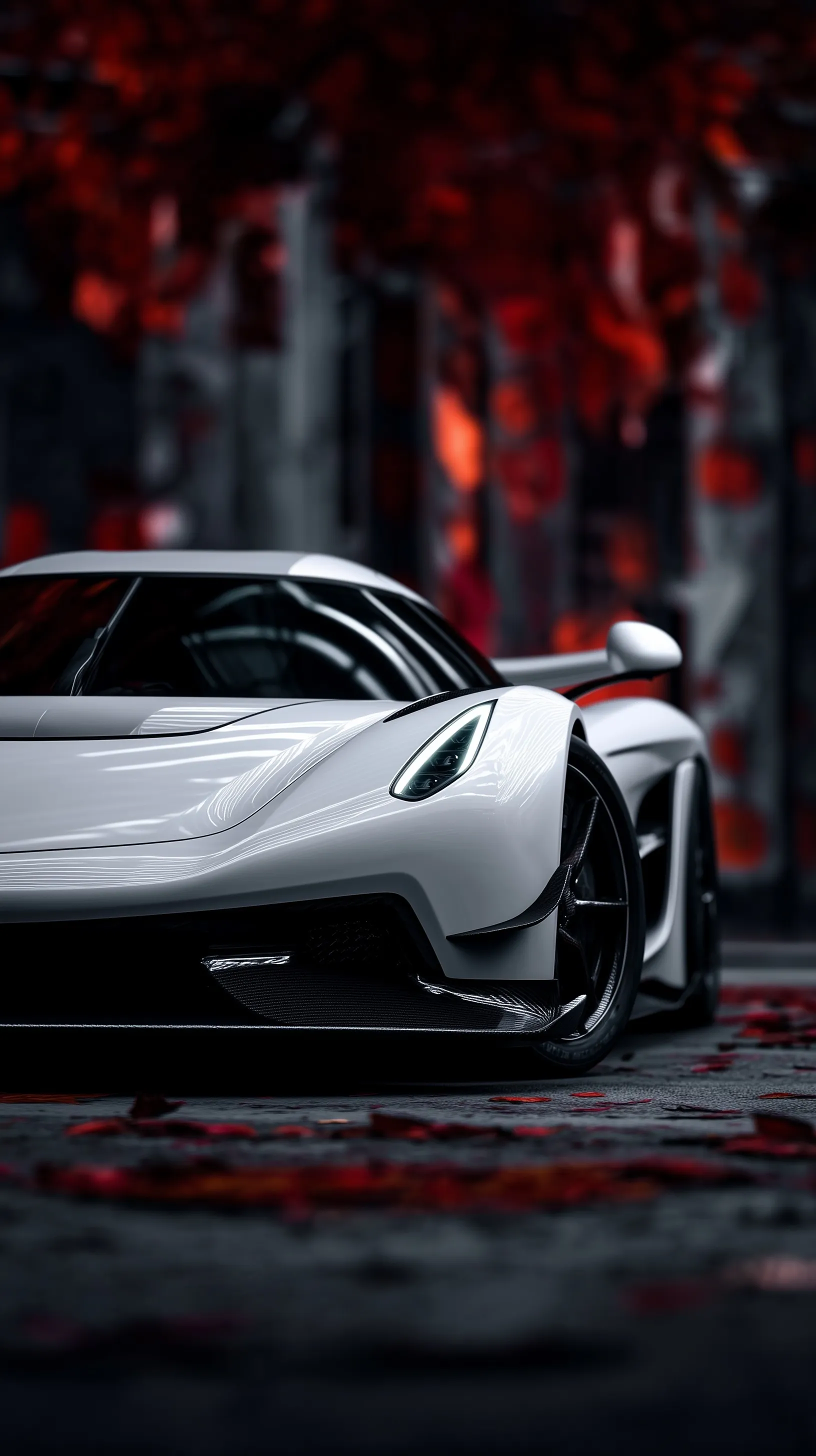 Glossy white custom Koenigsegg Jesko Attack sports car with carbon fiber details for iPhone wallpaper.