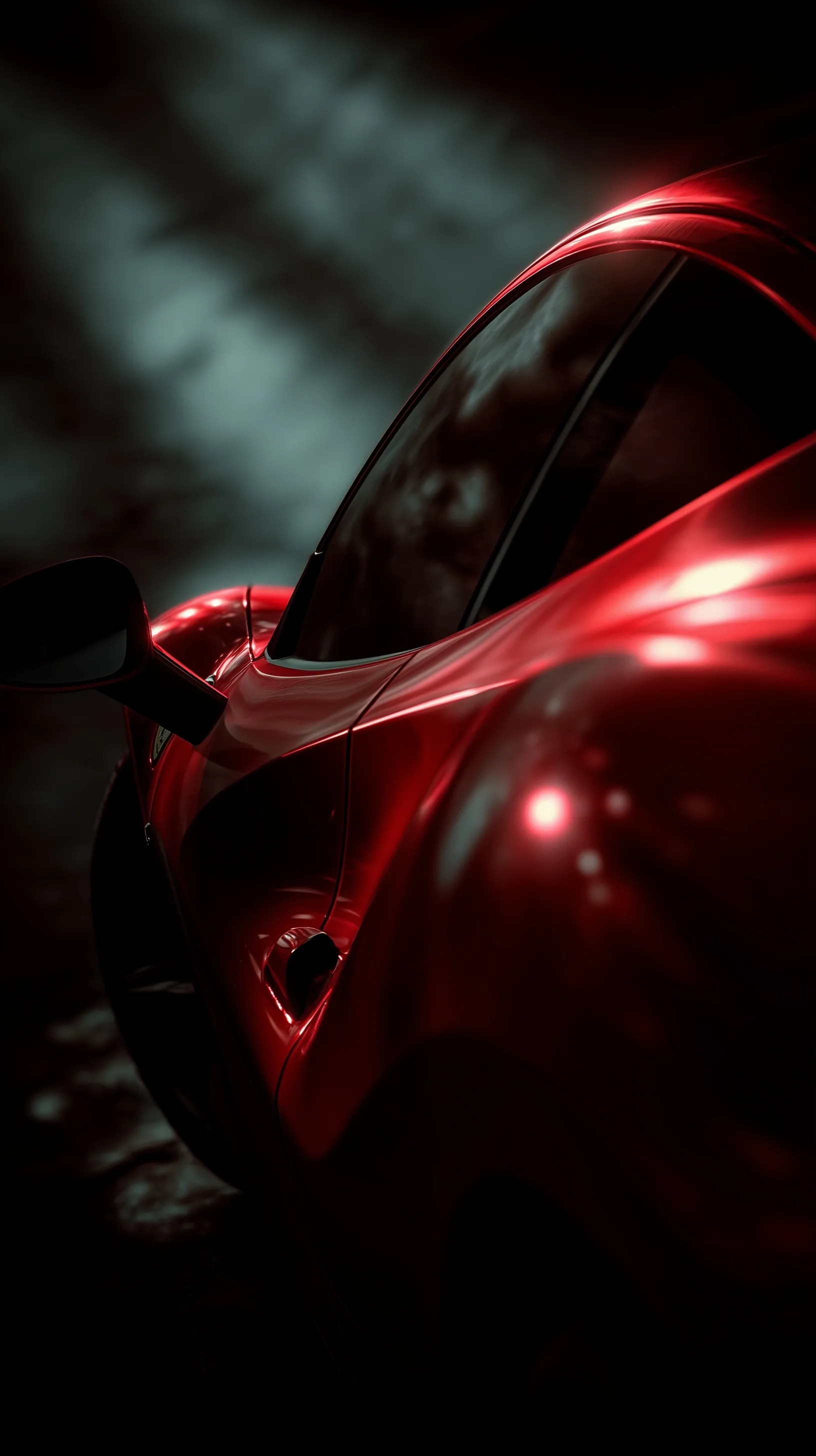 Macro close-up of glossy Ferrari red paint with cinematic lighting, showcasing precision automotive design.