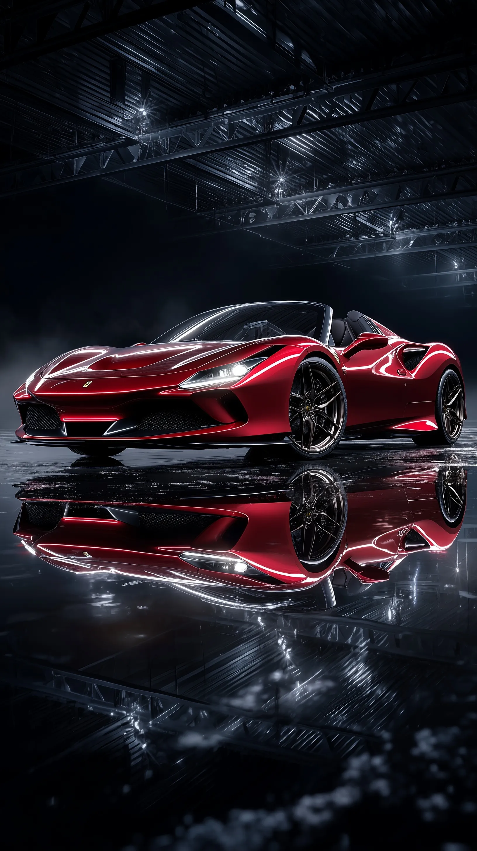 A sleek red Ferrari sports car in a dark studio setting with cinematic lighting and a reflective black floor.