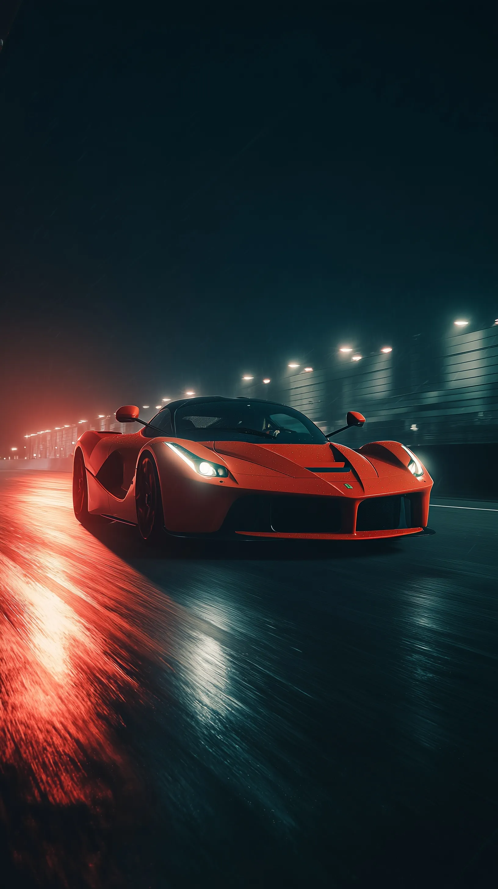 Orange Ferrari LaFerrari speeding on a wet racetrack at night with cinematic red lighting for iPhone wallpaper.