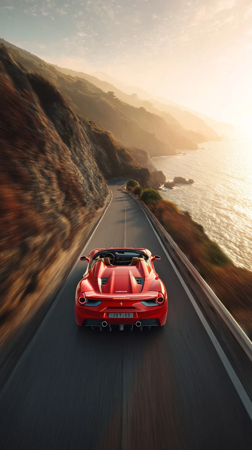 A red Ferrari convertible speeding along a scenic Mediterranean coastal road at golden hour, aerial drone view.