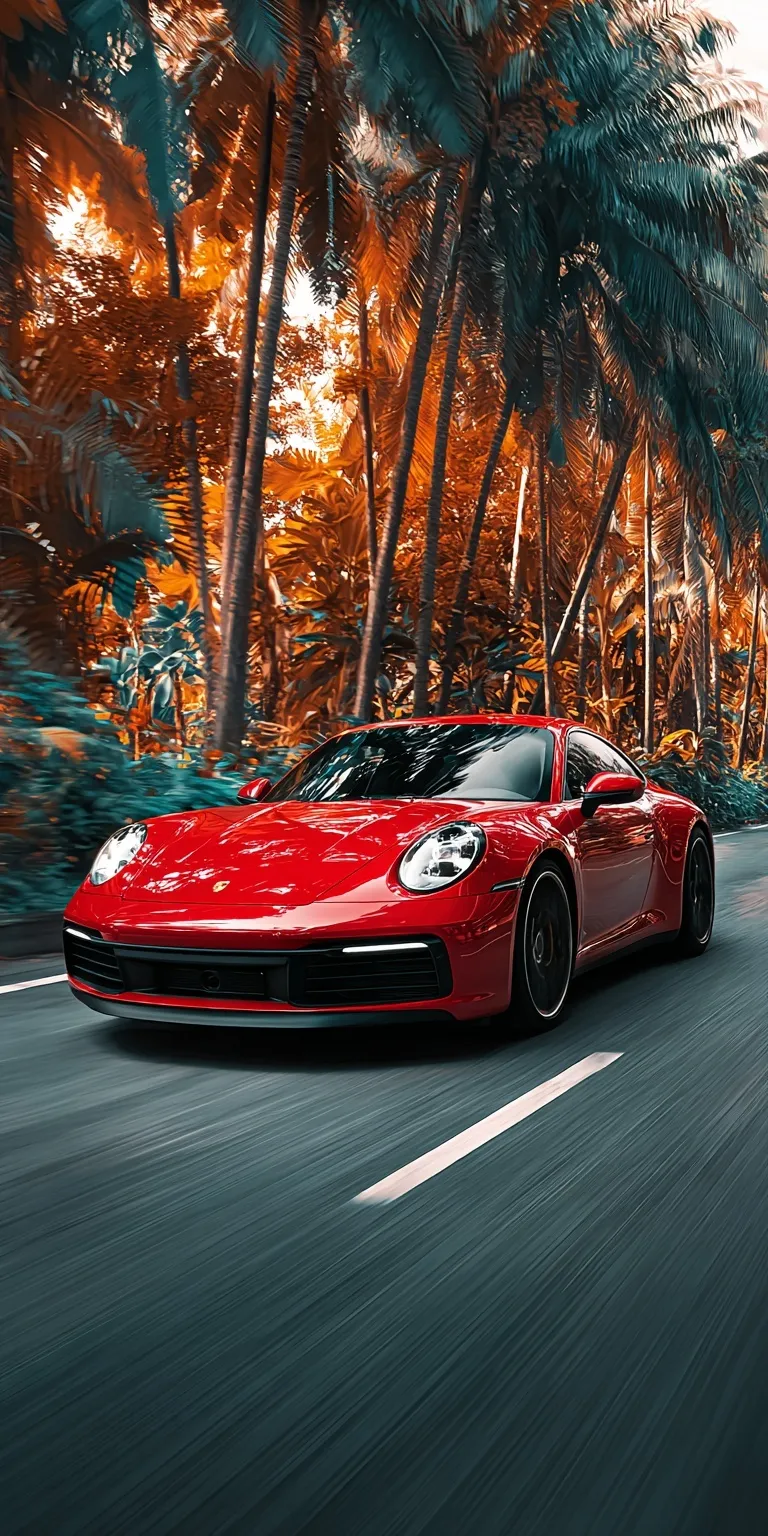 A sleek red Porsche 911 driving through a tunnel of vibrant palm trees for a high-quality iPhone wallpaper.