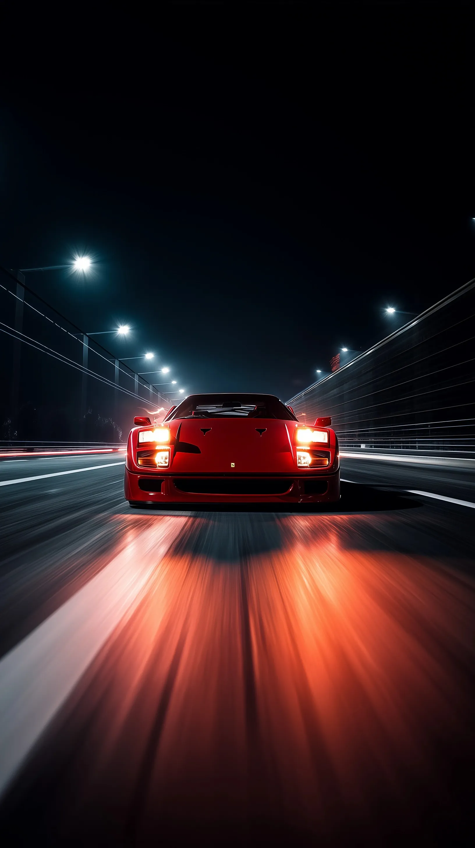 A red classic Ferrari F40 driving at high speed on a German autobahn at night, FPV low angle, realistic motion blur.