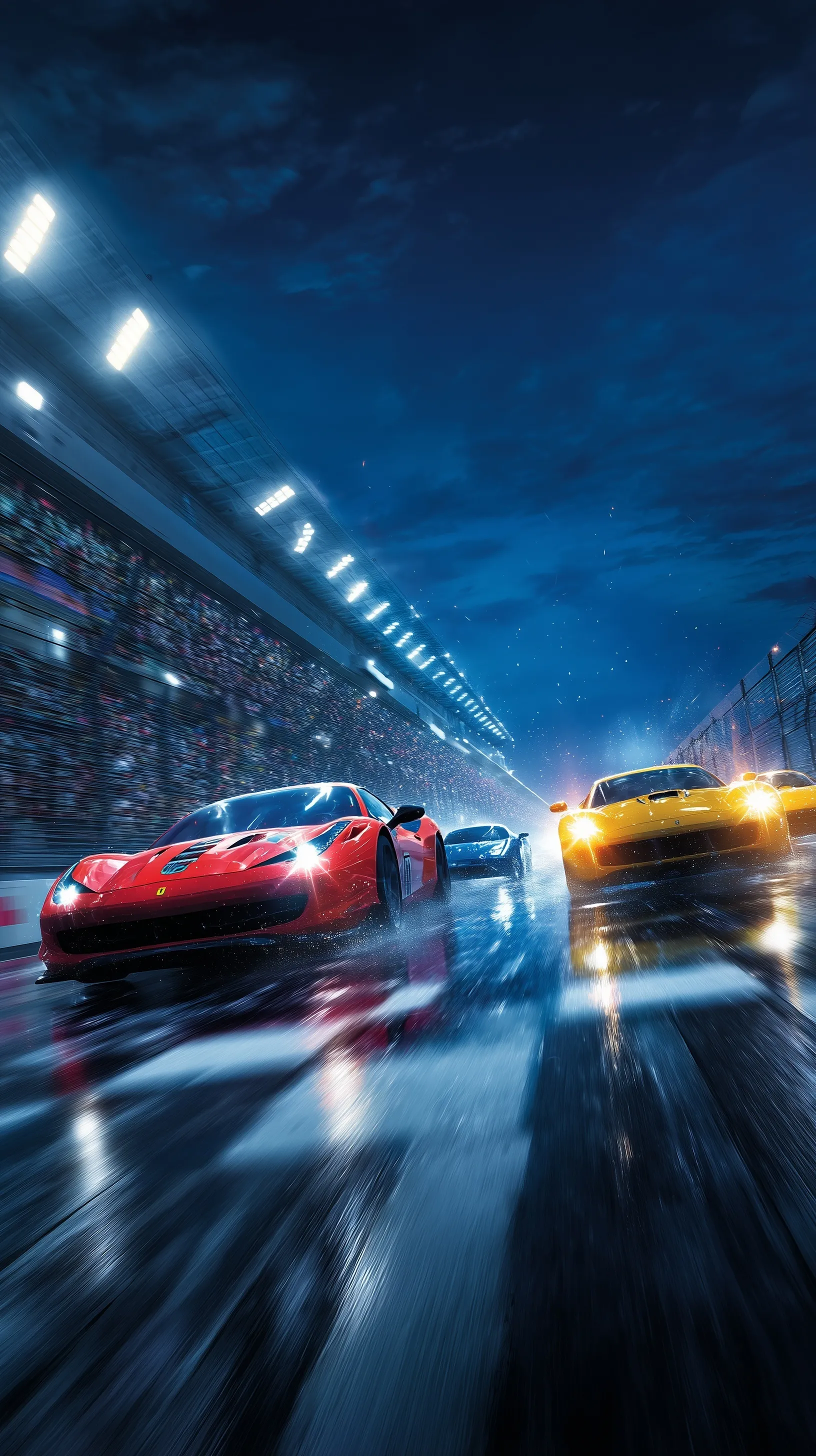 Red Ferrari, yellow Porsche, and blue Mustang racing toward the finish line in a floodlit stadium at night.