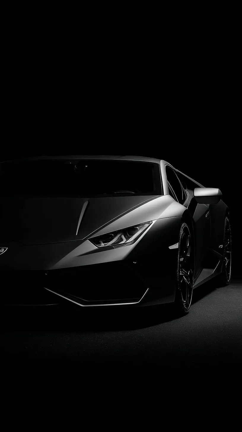 A sleek black Lamborghini luxury sports car isolated on a minimalist black background, high-resolution phone wallpaper.