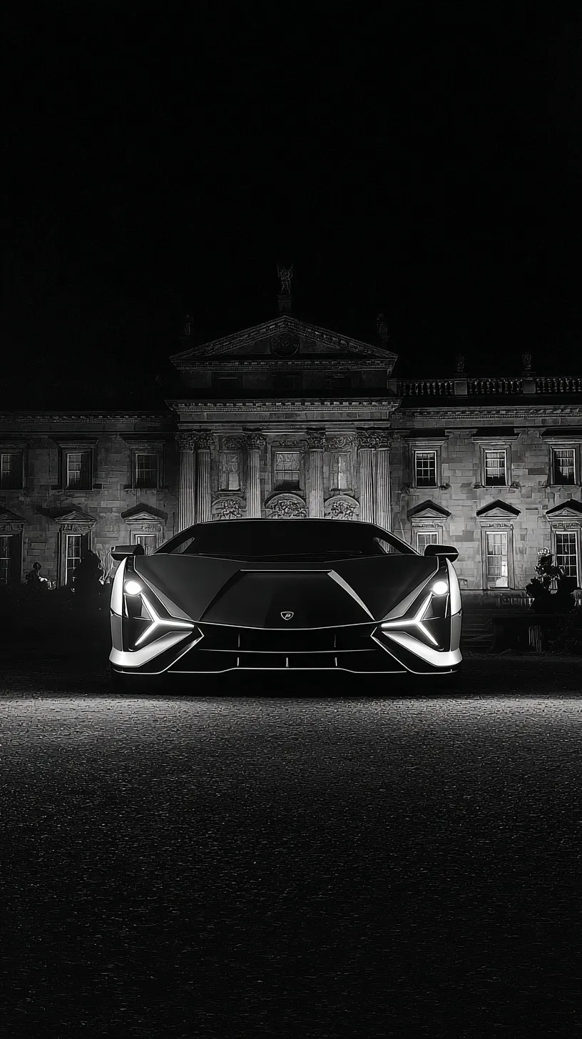A sleek Lamborghini Sian parked at Chatsworth House in a cinematic, high-contrast black and white film noir style.