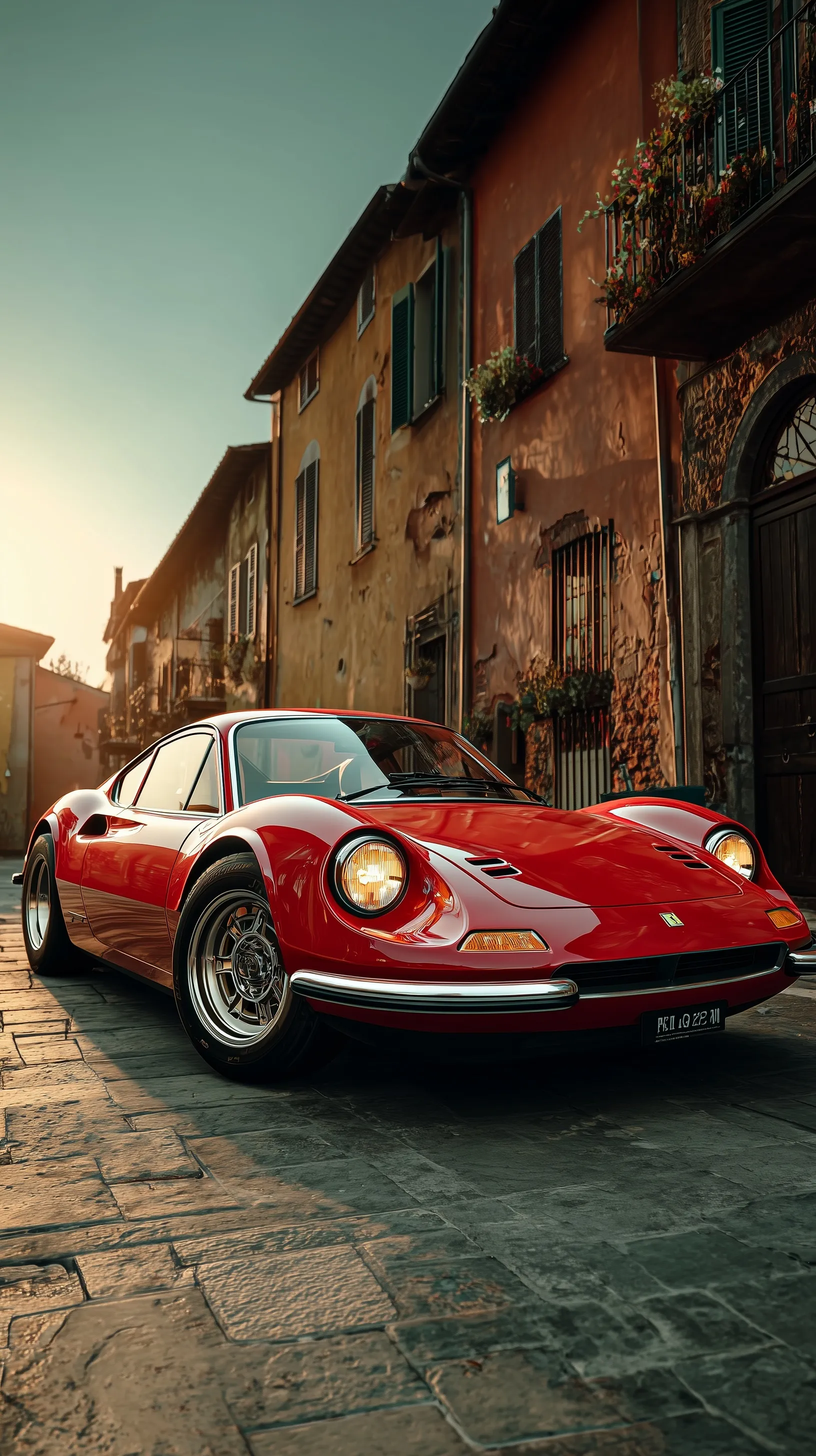 A photorealistic 1971 Ferrari Dino 246 GT sports car parked on a scenic Italian street with realistic lighting.