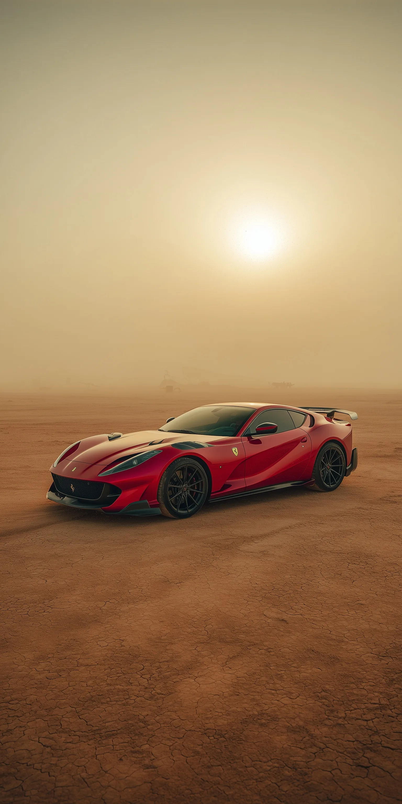 Ferrari 812 Competizione on custom wheels driving through a desert sandstorm under bright sunlight, 9:16 aspect ratio.