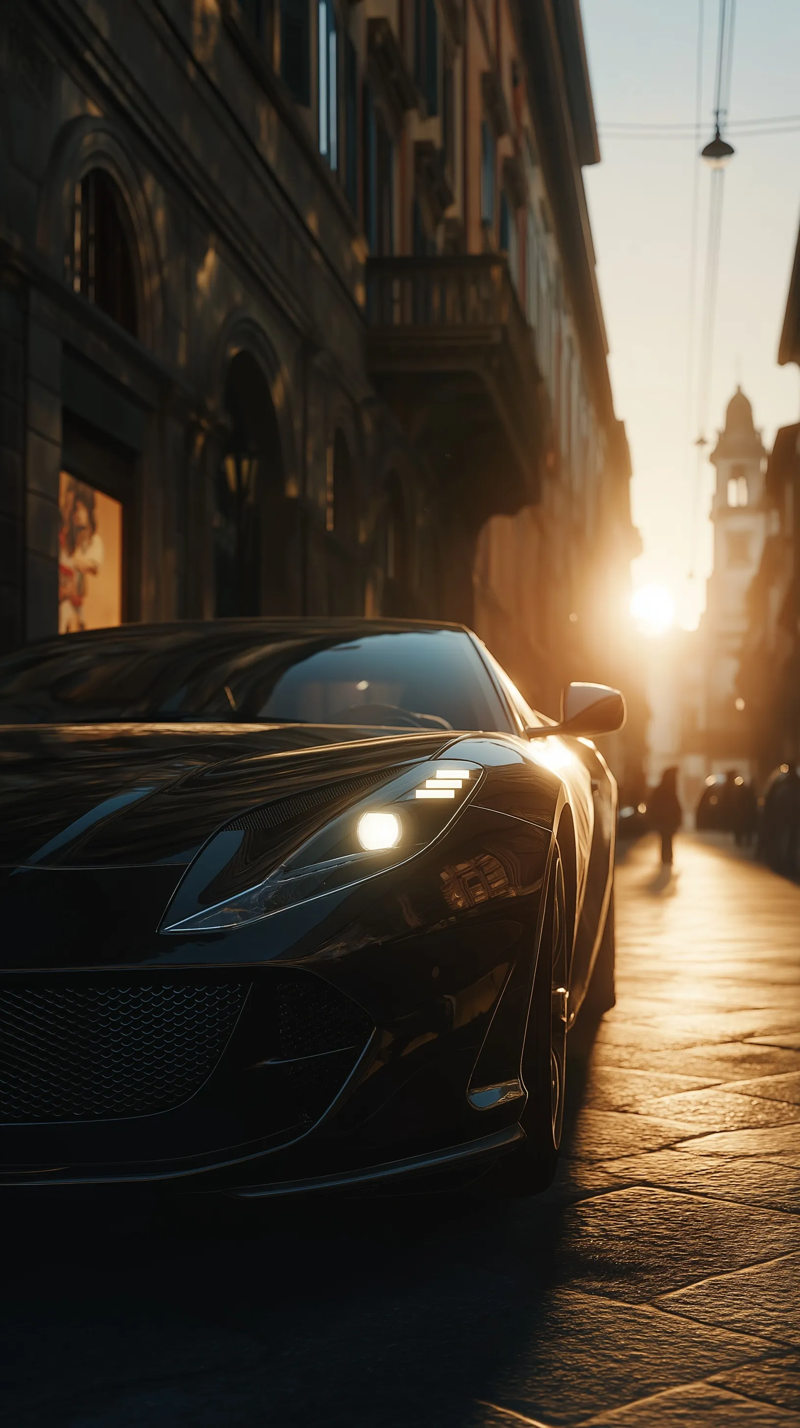 A premium Ferrari sports car parked on a scenic Italian street under cinematic golden hour sunlight.