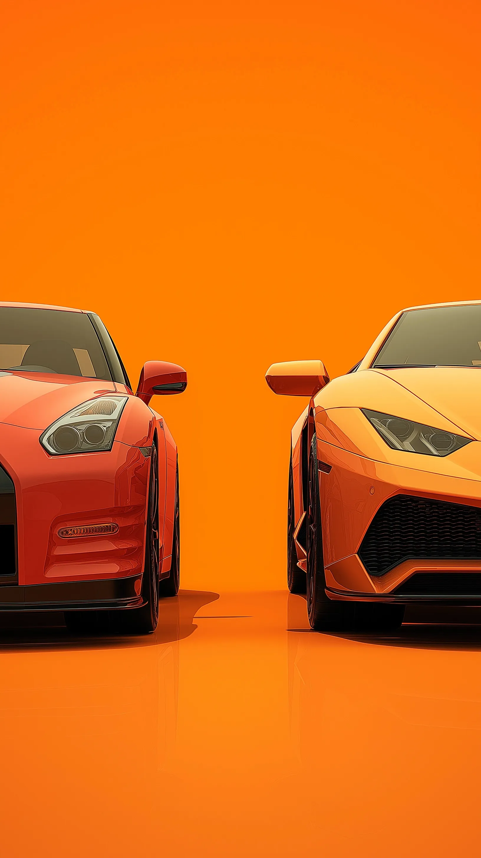 A sleek Ferrari and Lamborghini sports car face-to-face on a rainy day against a bold, solid orange background.