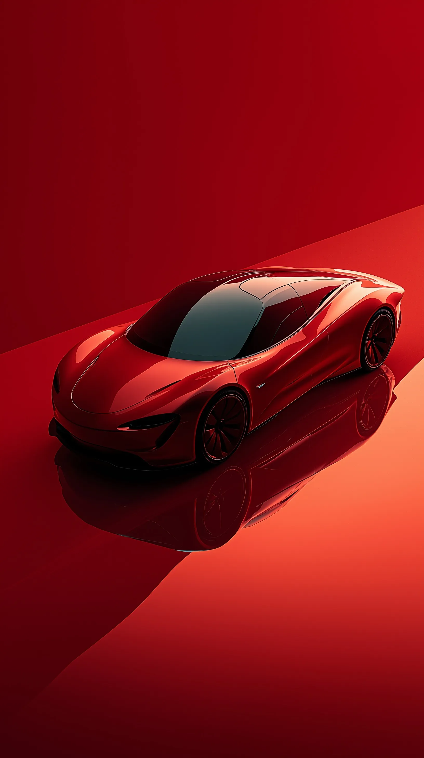 A 3D minimalist Ferrari sports car in a deep red liquid metal gradient, perfect for high-definition iPhone wallpaper.