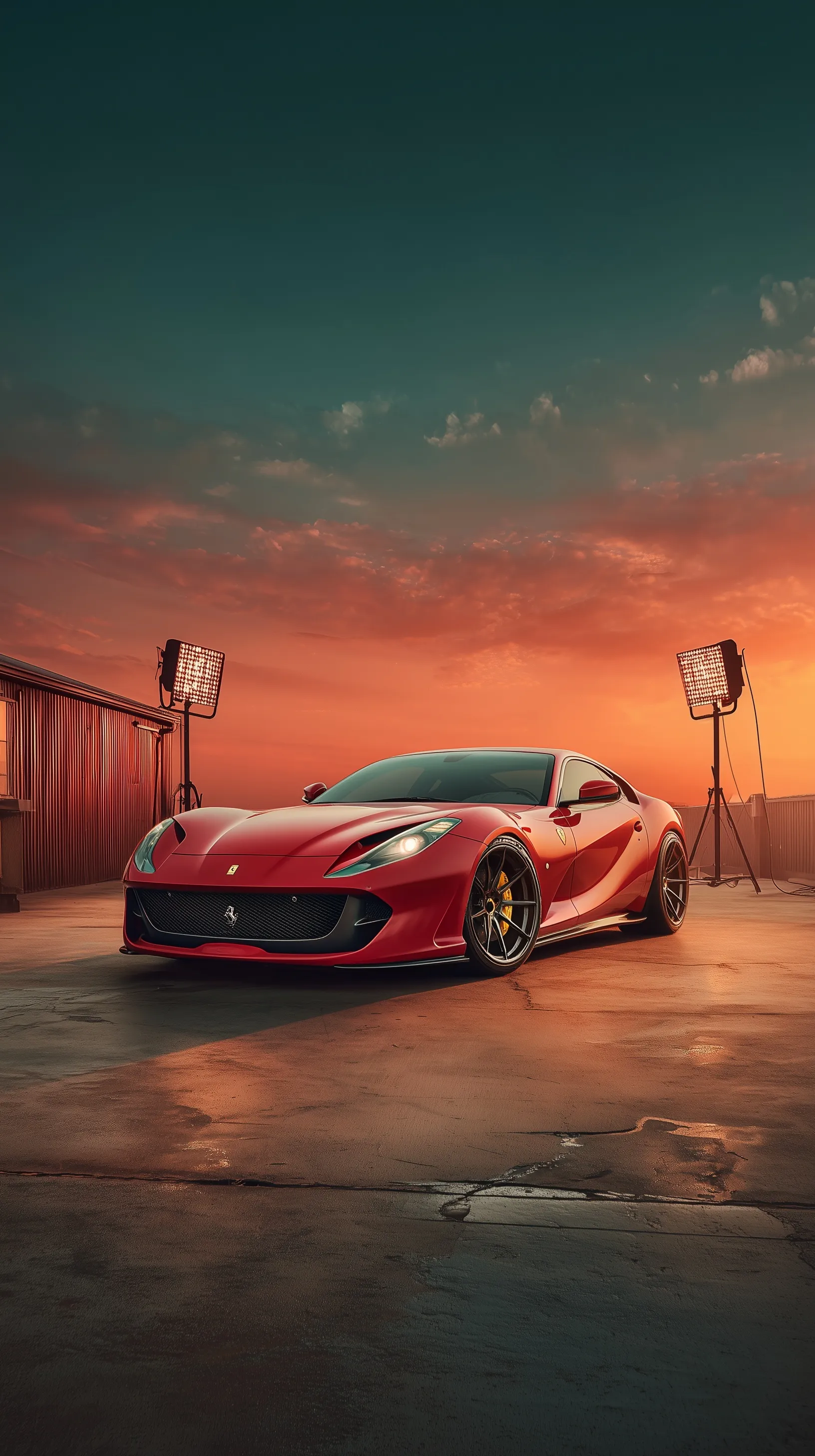 A sleek red 2023 Ferrari 812 Superfast with black HRE wheels parked on a wet concrete surface at sunset.