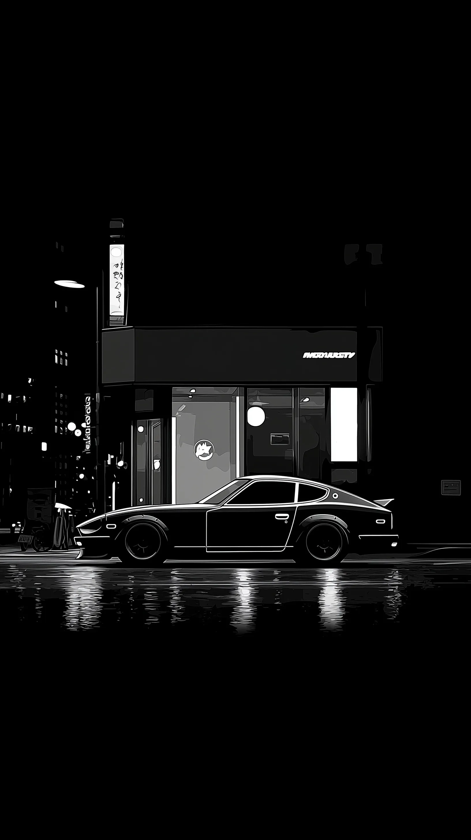 A sleek JDM sports car parked on a rain-slicked Tokyo street at night with cinematic neon lighting and reflections.