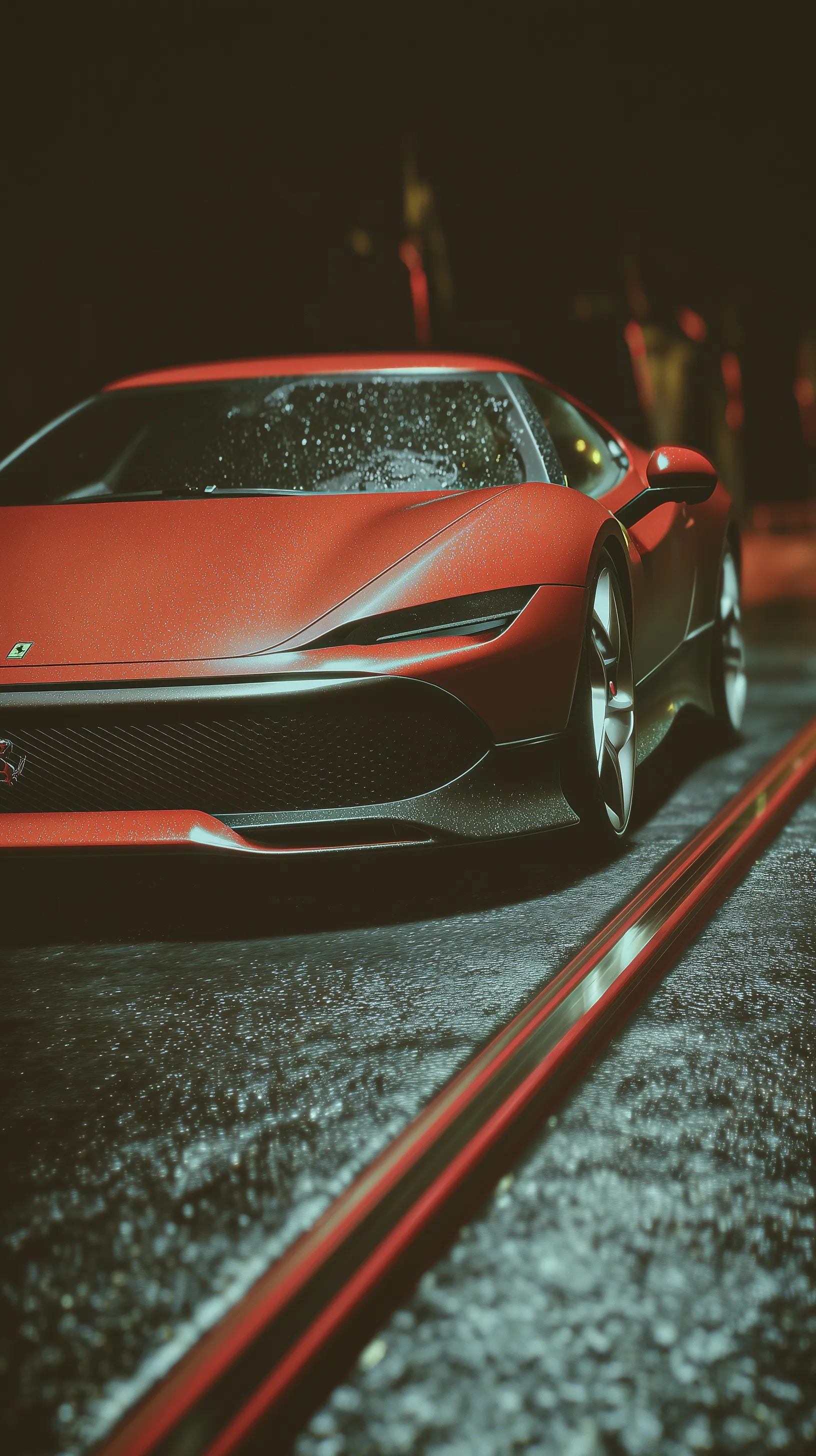 Ferrari SP38 sports car on a wet road at night with cinematic red lighting, vertical 8K ultra-realistic wallpaper.