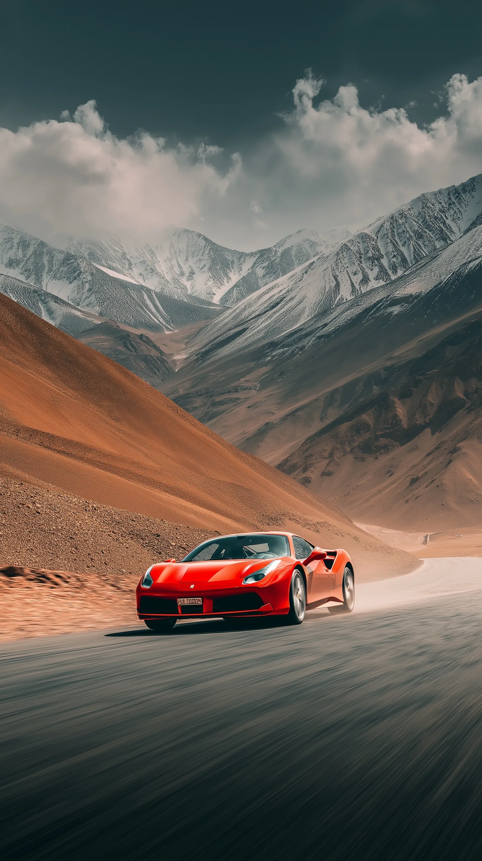 A red Ferrari supercar speeding on a winding Himalayan mountain road at golden hour with snow-capped peaks.
