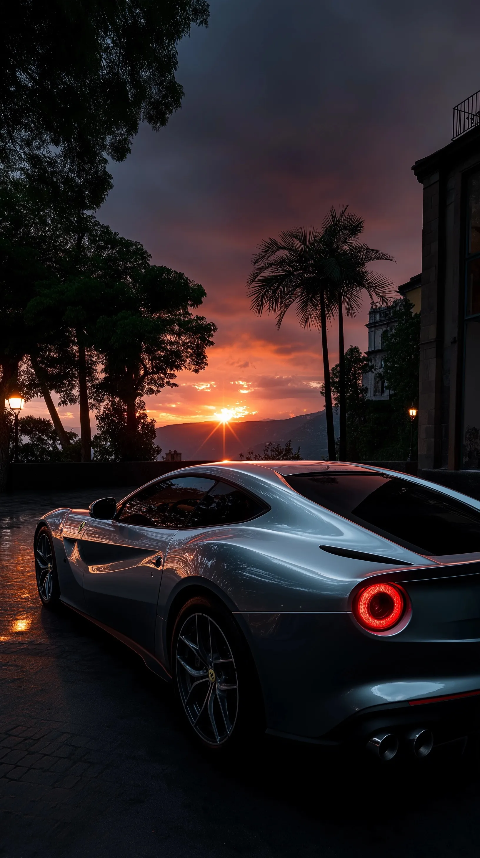 A luxury Ferrari sports car parked against a scenic Italian sunset, ultra-realistic high-definition wallpaper.