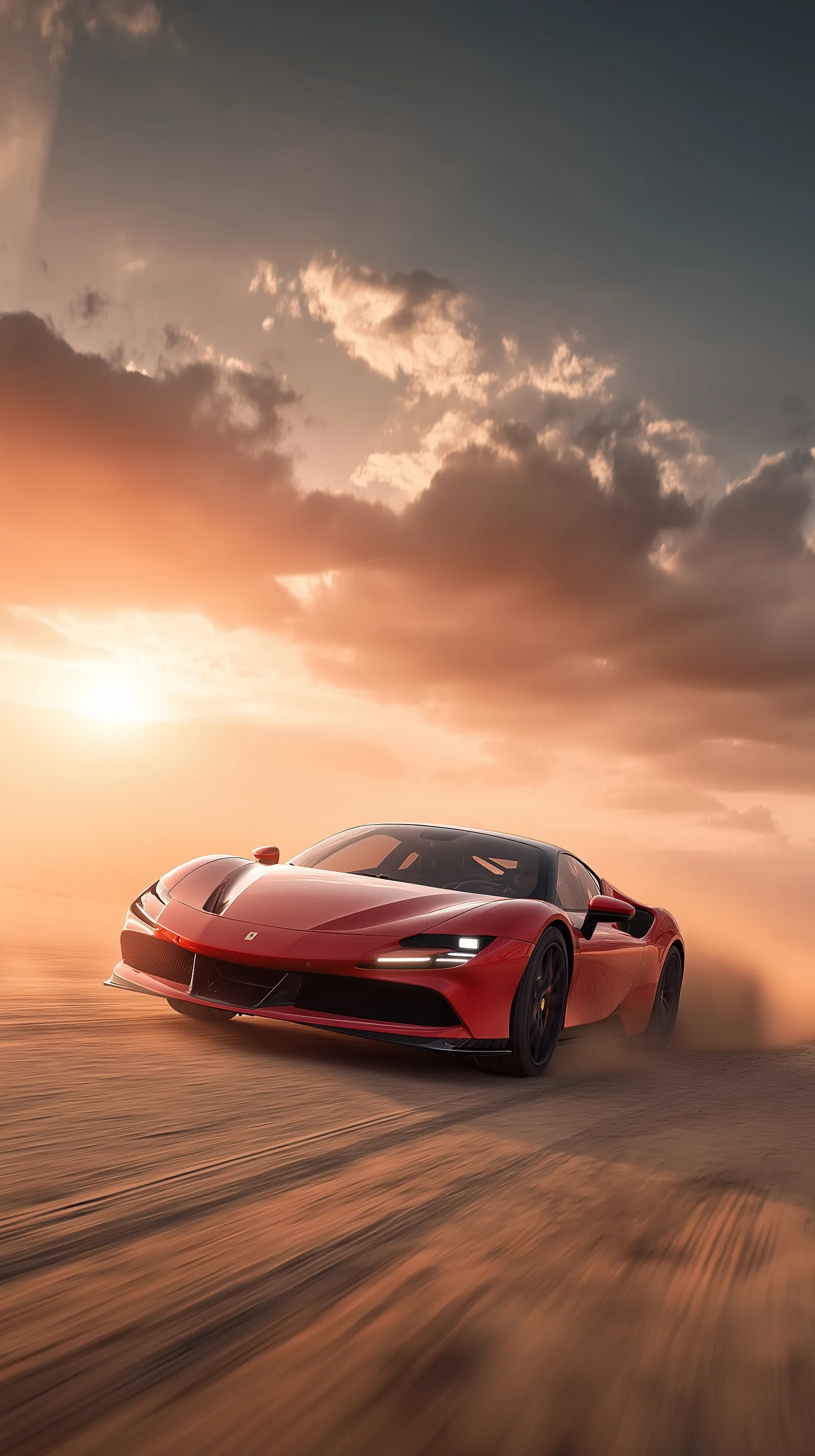 A red Ferrari sports car racing on a desert highway during golden hour with dust clouds and motion blur.