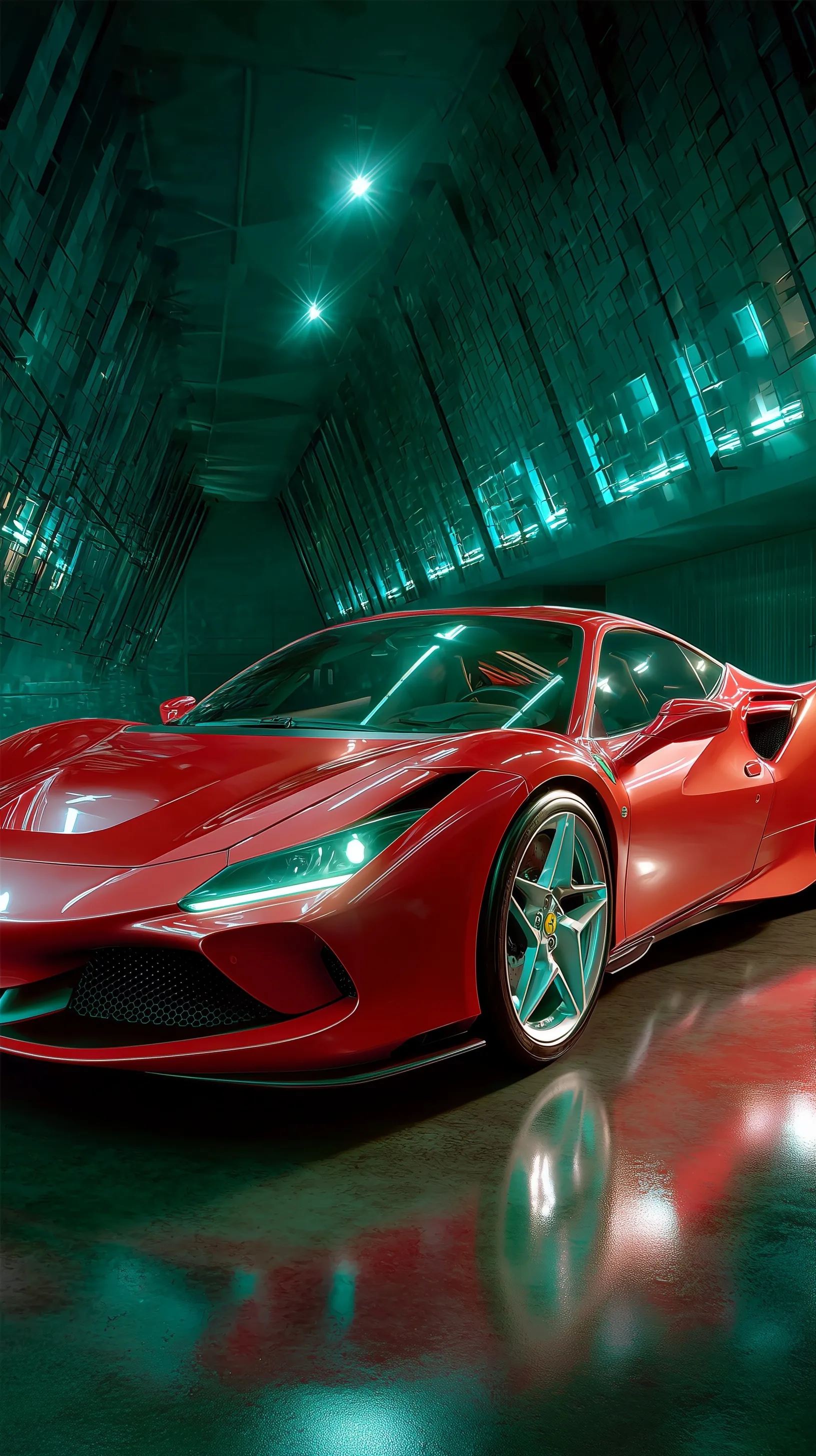 A sleek red Ferrari supercar parked in a minimalist modern showroom with soft cinematic lighting.