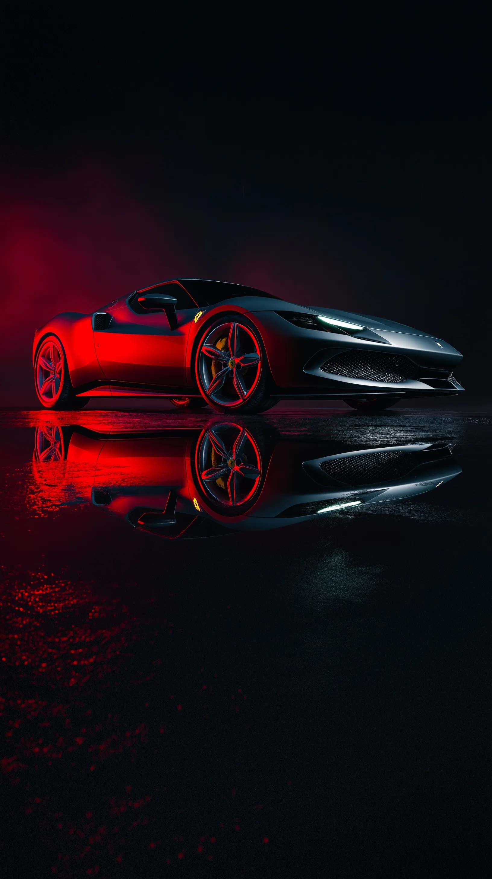 A sleek Ferrari 296 GTB sports car in a moody, dark setting with red lighting and water reflections.