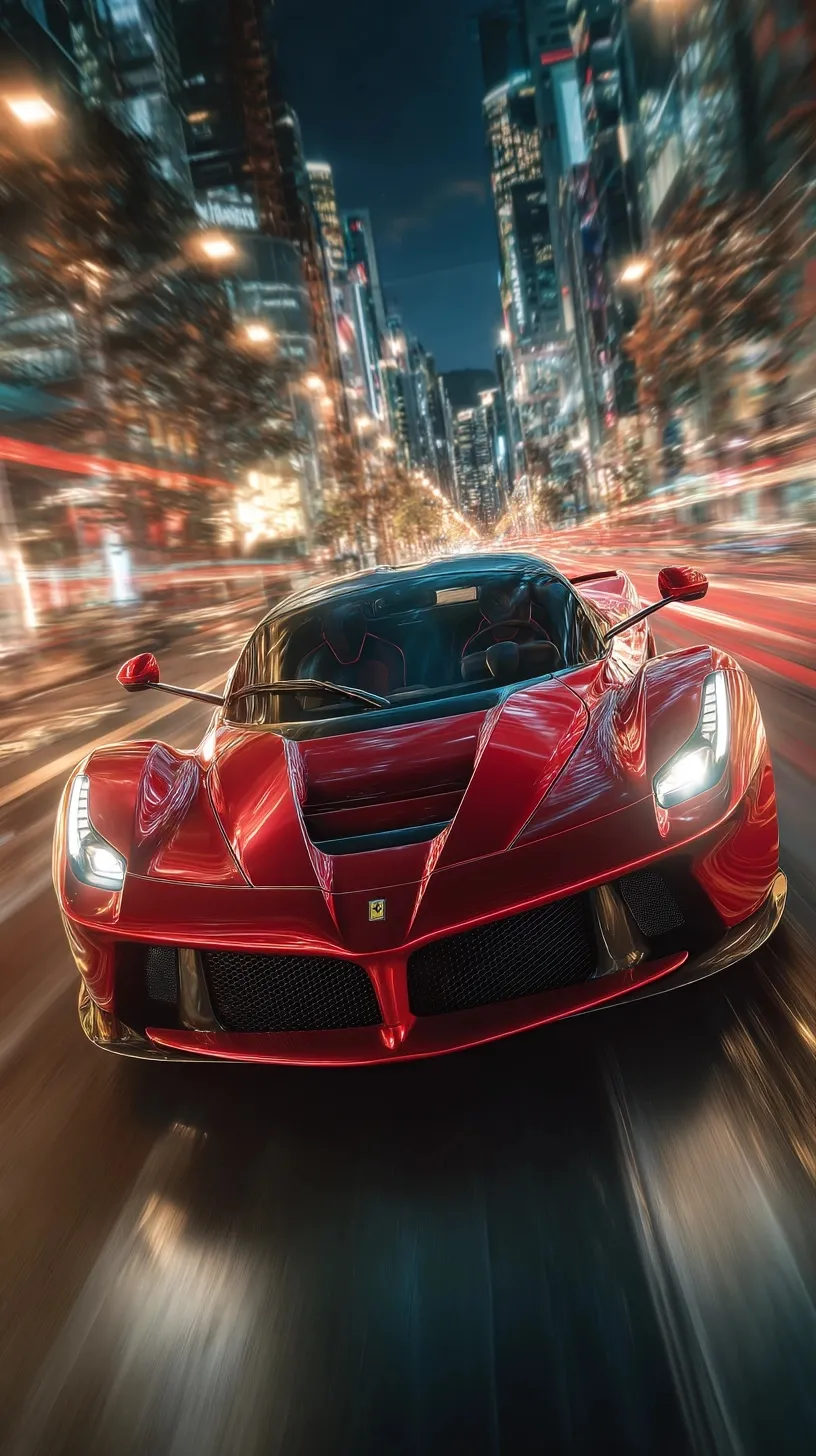 A red Ferrari LaFerrari speeding on a futuristic Italian boulevard with motion blur and city light reflections.