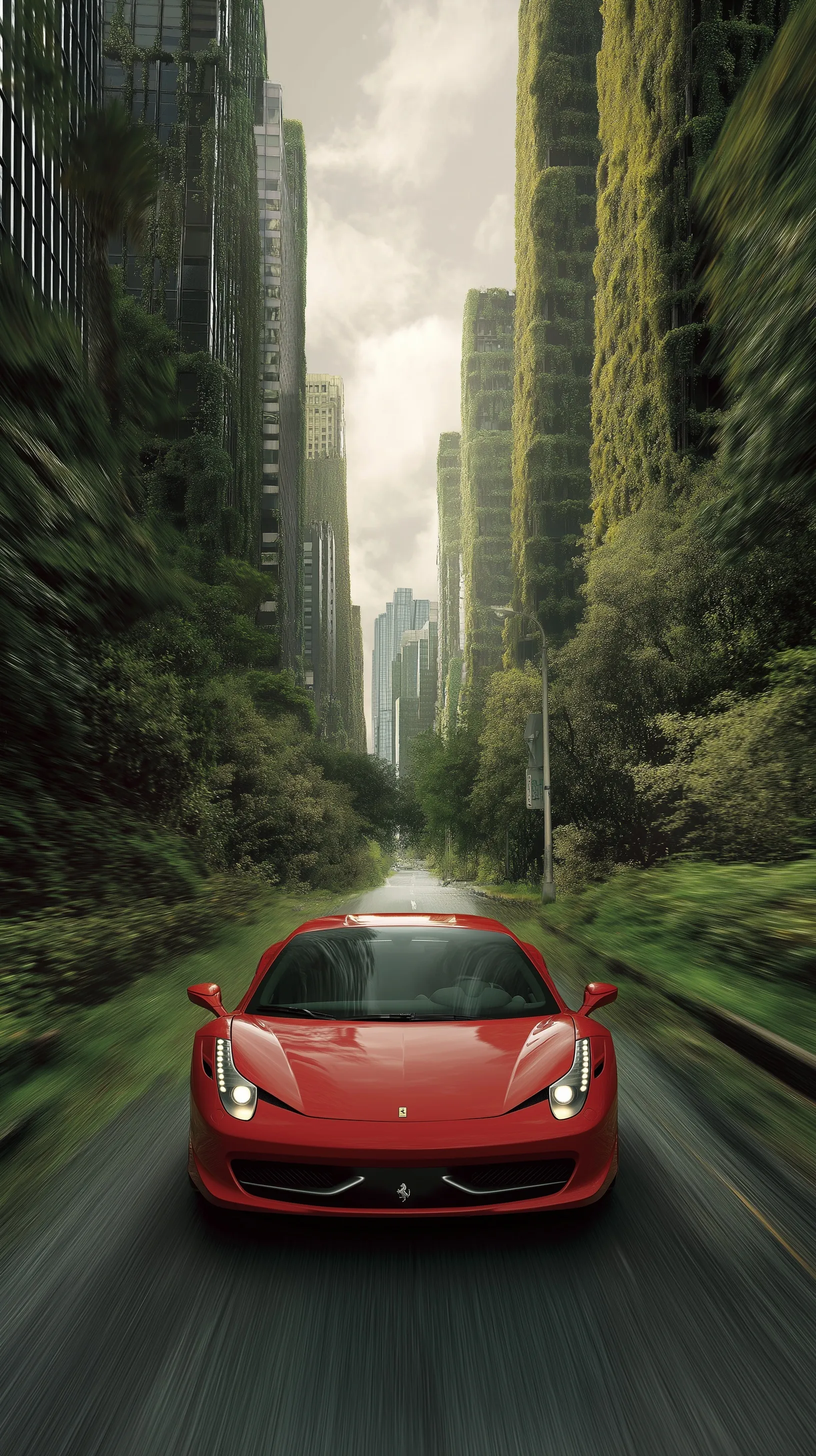 A red 2014 Ferrari 458 Italia driving through an overgrown, post-apocalyptic empty city street at midday.