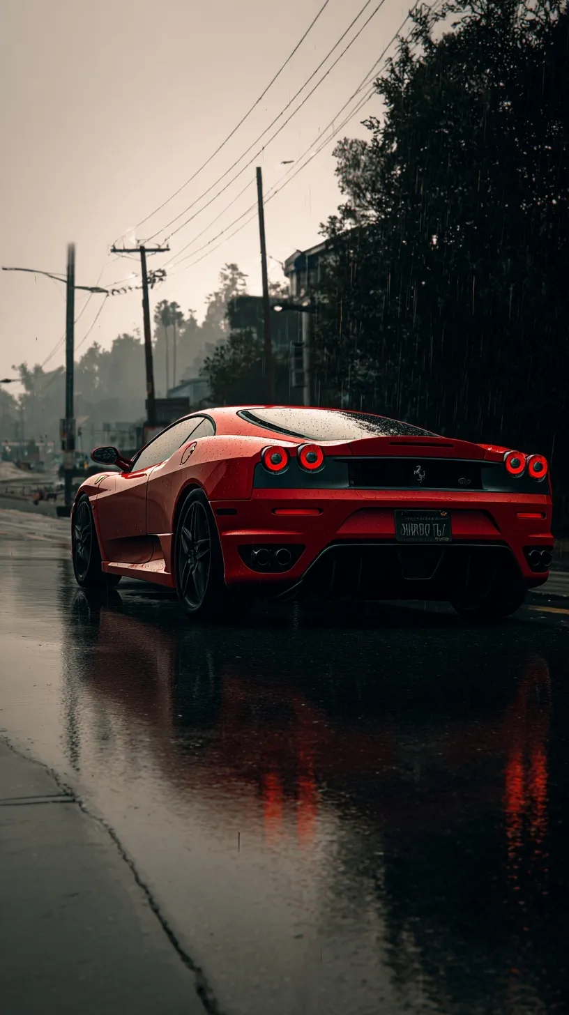 A sleek Ferrari parked on a rain-slicked roadside during a moody, rainy day.